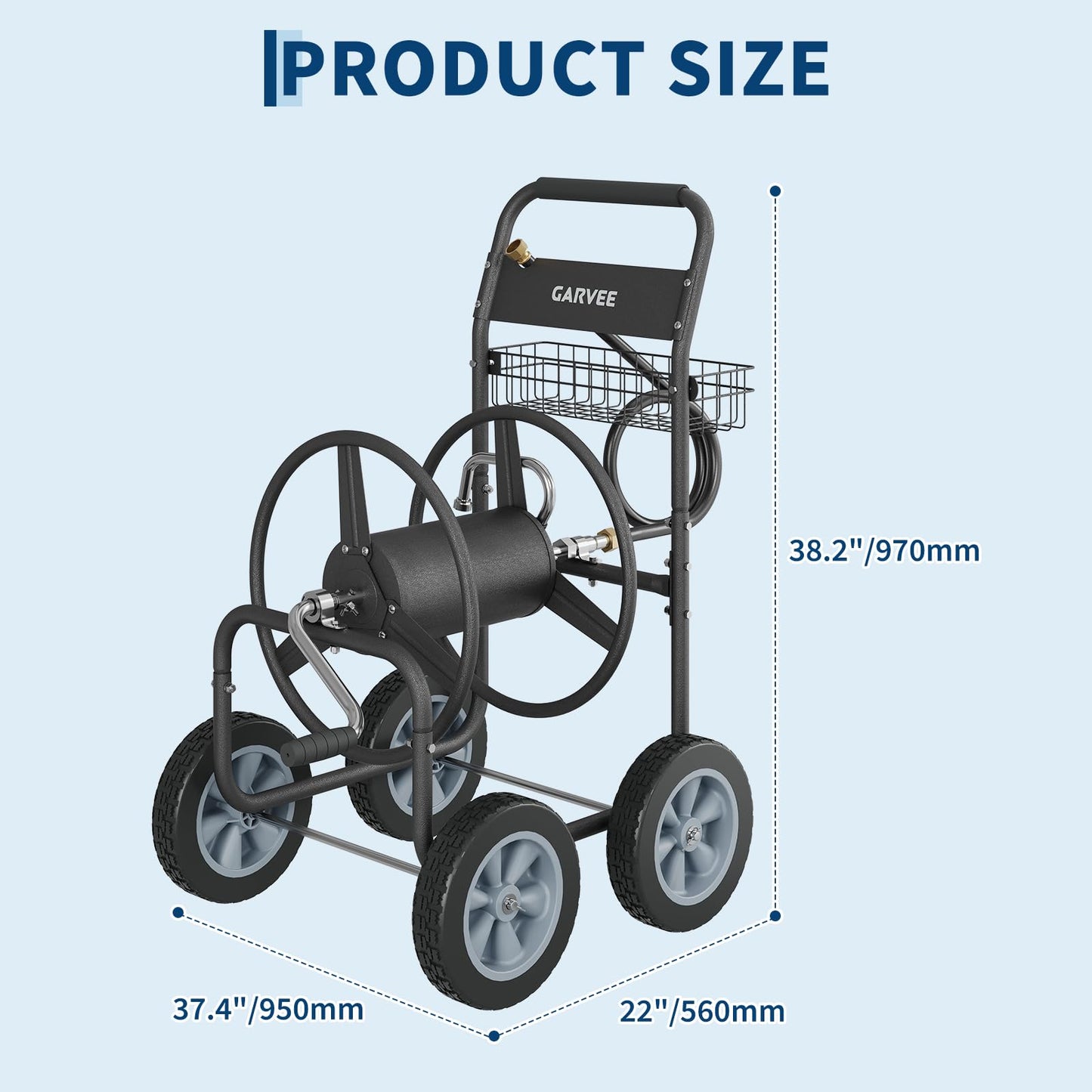 Garvee Hose Reel Cart, 4 Wheels Heavy Duty Mobile Garden Hose Cart Holds 250ft of 5/8" Water Hose, Powder-Coated Steel with Storage Basket for Yard, Lawn, Outdoor Planting