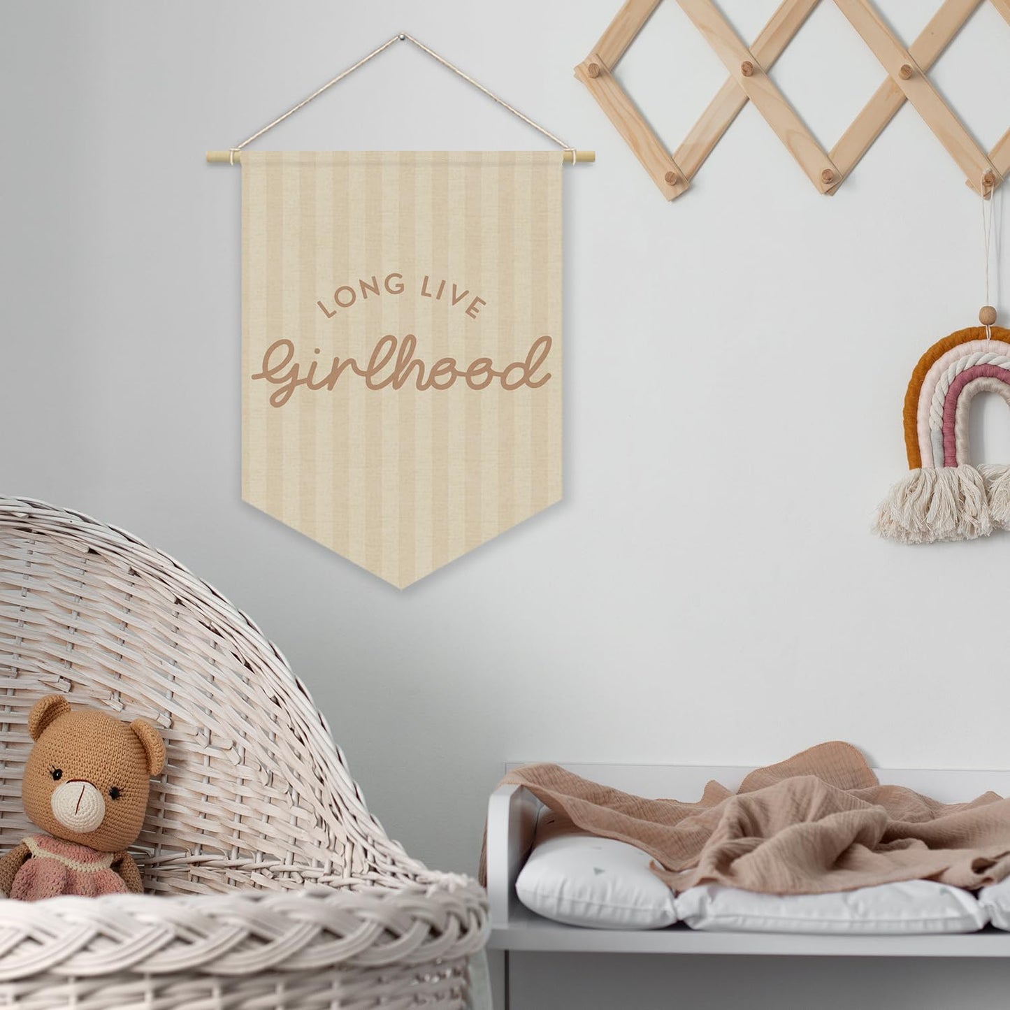 XYDEG Girl Nursery Decor, Long Live Girlhood Linen Canvas Banner, Neutral Striped Wall Hanging Pennant Flag Banner for Girl Nursery Toddler Kids Room Bedroom Dorm Playroom Decor, 15x11in