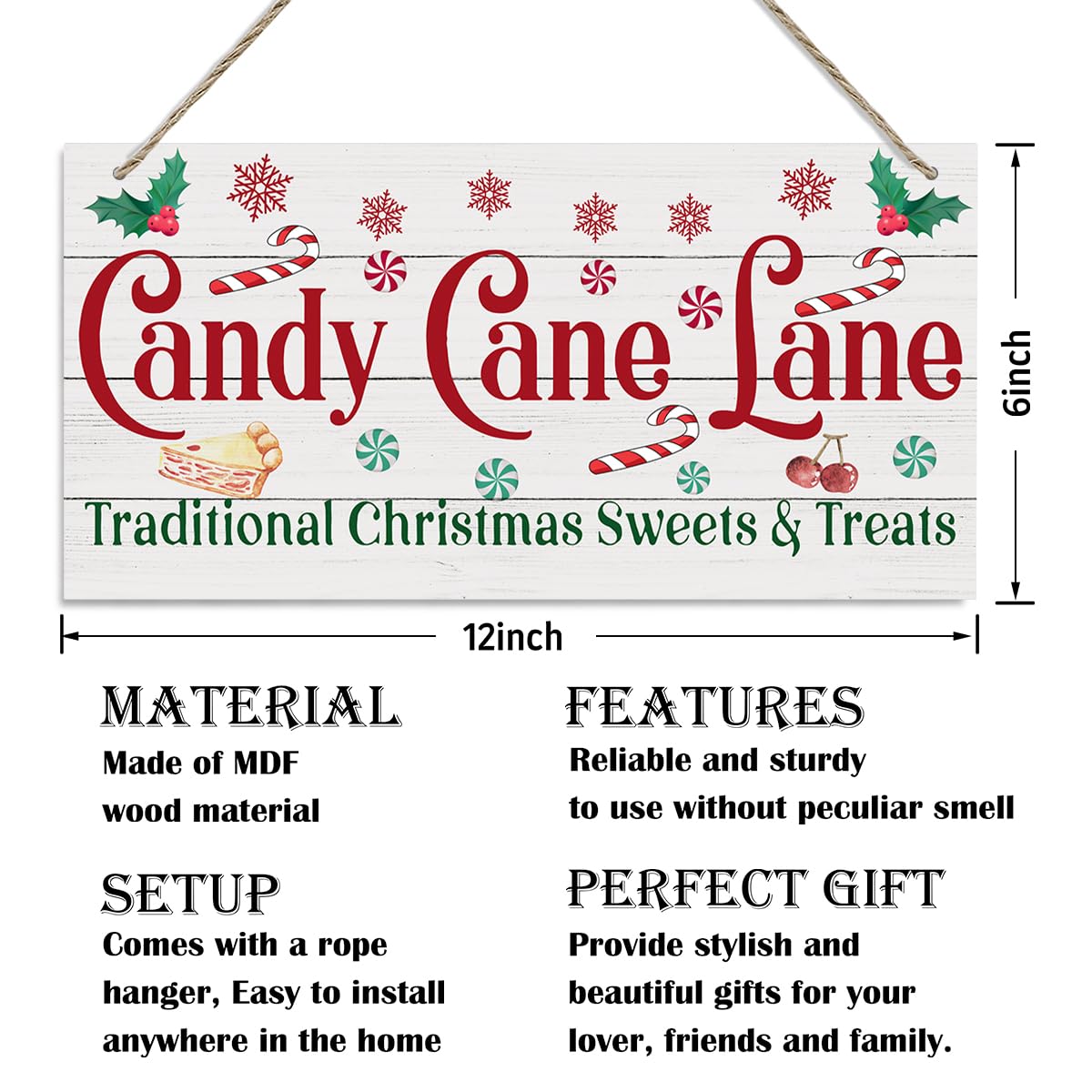 Christmas Decor, Decorative Wood Hanging Wood Plaque, Home Wall Decor Art, Christmas Sign for Kitchen Cafe Bar, Rustic Wooden Holiday Decor, Christmas Wall Decor With Rope, Candy Cane Lane