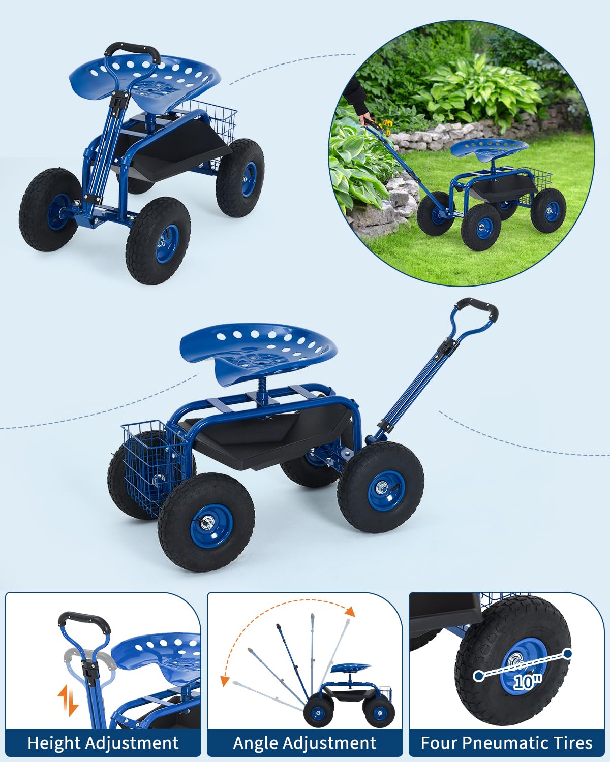 Heavy Duty Garden Cart, Garden Scooter Rolling Work Seat, 360° Swivel with 10-Inch All-Terrain Inflatable Tires, Extendable Steering Handle & Metal Tool Tray for Planting, Weeding, Yard Work