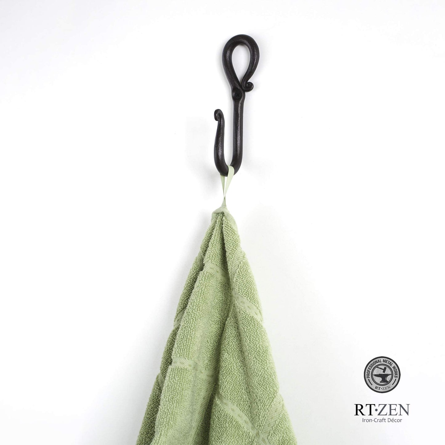 RTZEN Wall Mount Hook Set - Wrought Iron Decorative Rustic Metal Coat Hooks for Hanging - Handcrafted Classic Farmhouse Wall Mounted Black Hooks for Towel Robe or Hat Hanging - 3 Pack