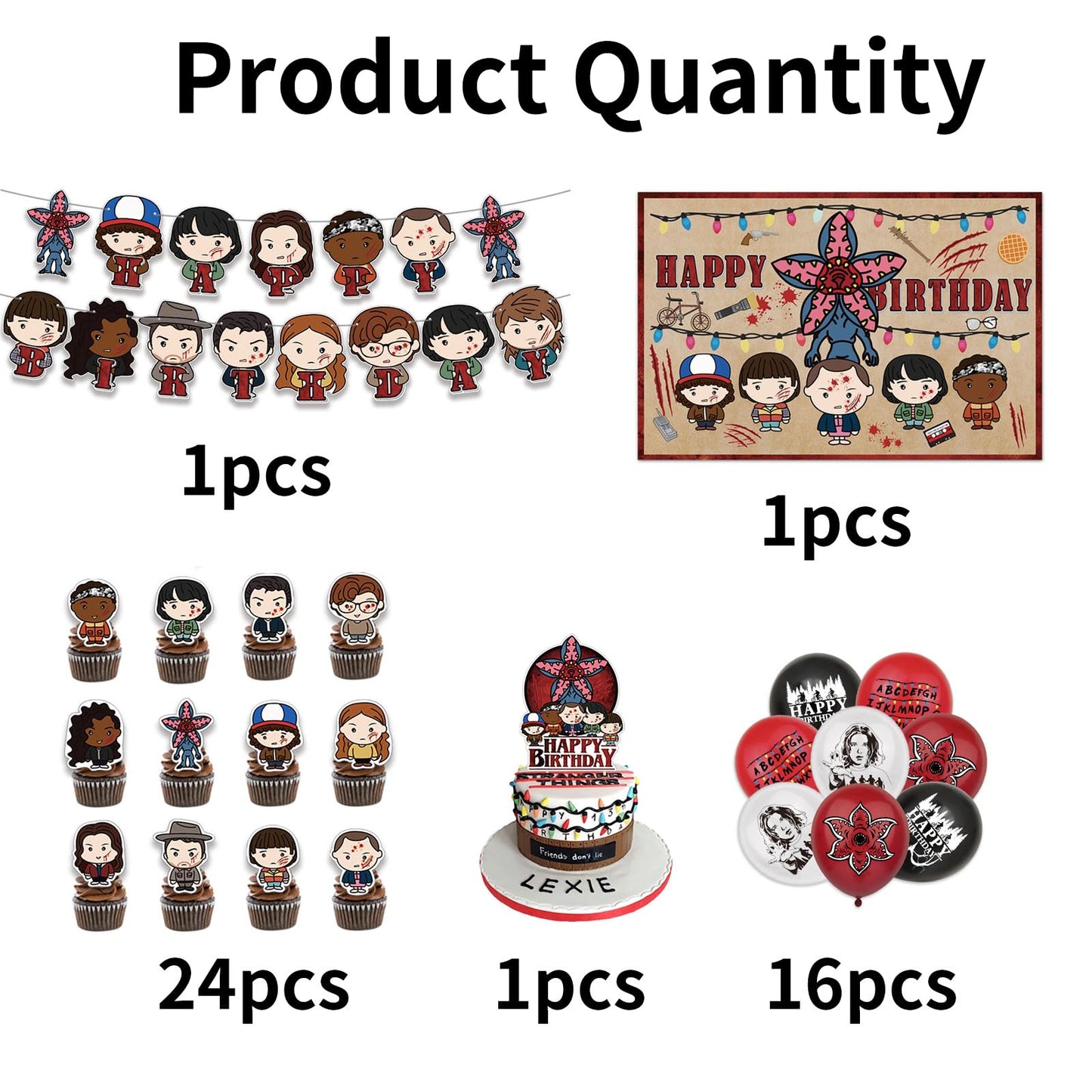 43 Pcs TV Series Theme Birthday Decorations, Cute Birthday Party Decorations, Includes 1 Banner, 1 Backdrop, 1 Cake Topper, 24 Dessert Decorations, and 16 Latex Balloons