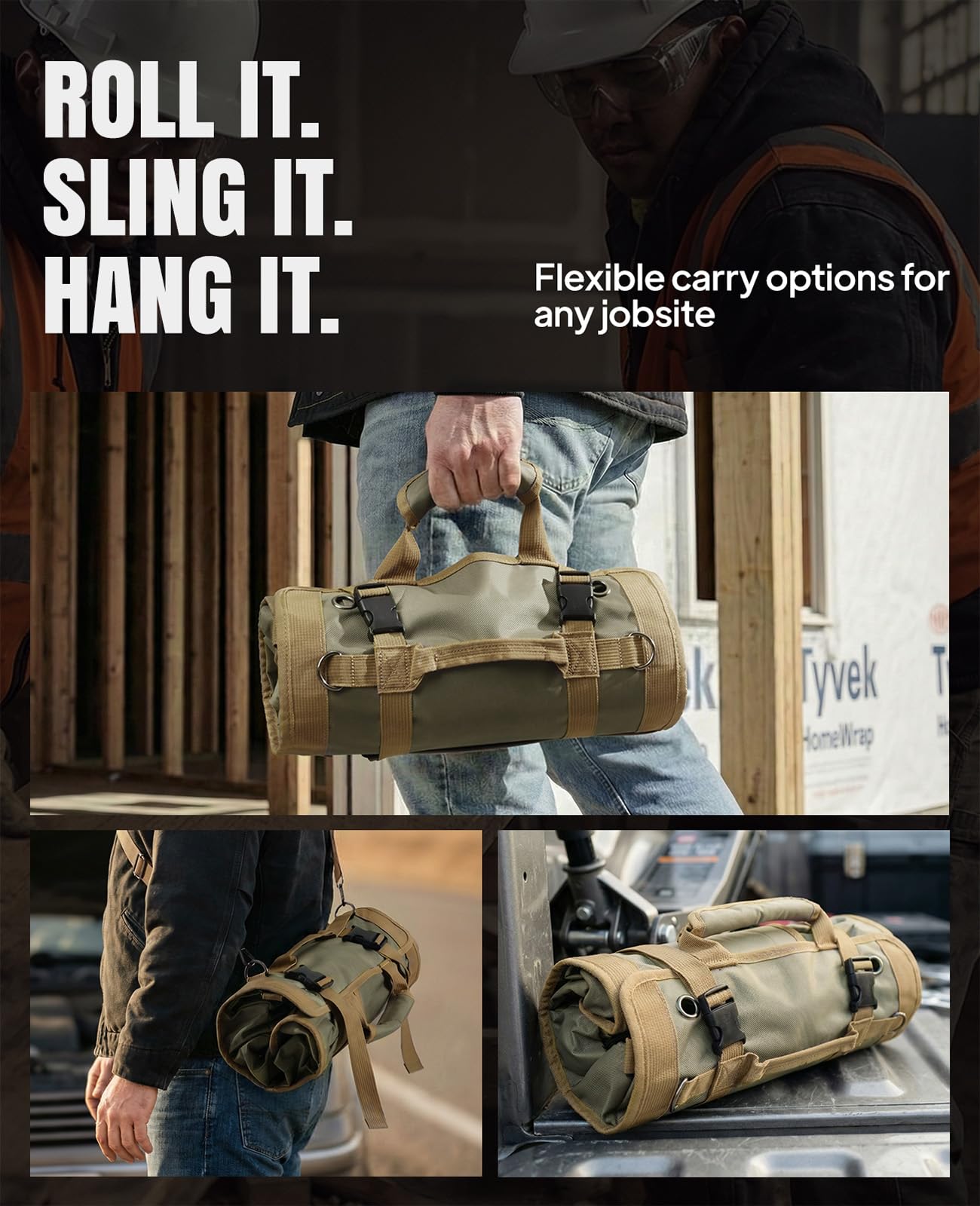 Tool Roll Up Bag, 1680D Heavy Duty Tool Bag Organizer with 2 Detachable Tool Pouches & Multiple Pockets, Waterproof Motorcycle Tool Roll for Mechanic & Electrician, Gift for Men Him Dad, 21.9"*14.7"