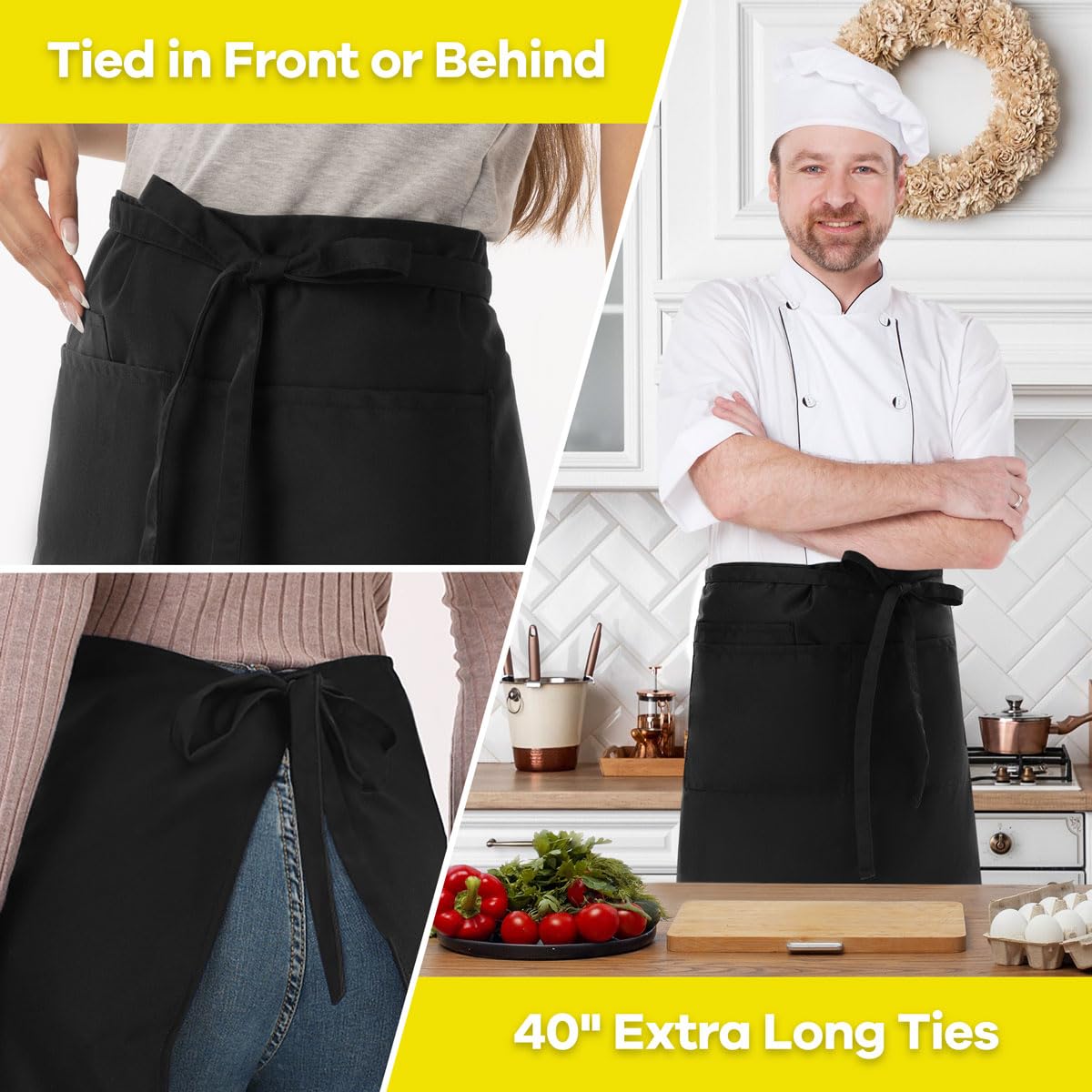 ROTANET Server Apron Black with 3 Pockets 18 Inch Long Waiter Waitress Bistro Half Waist Aprons for Women Men Waterproof
