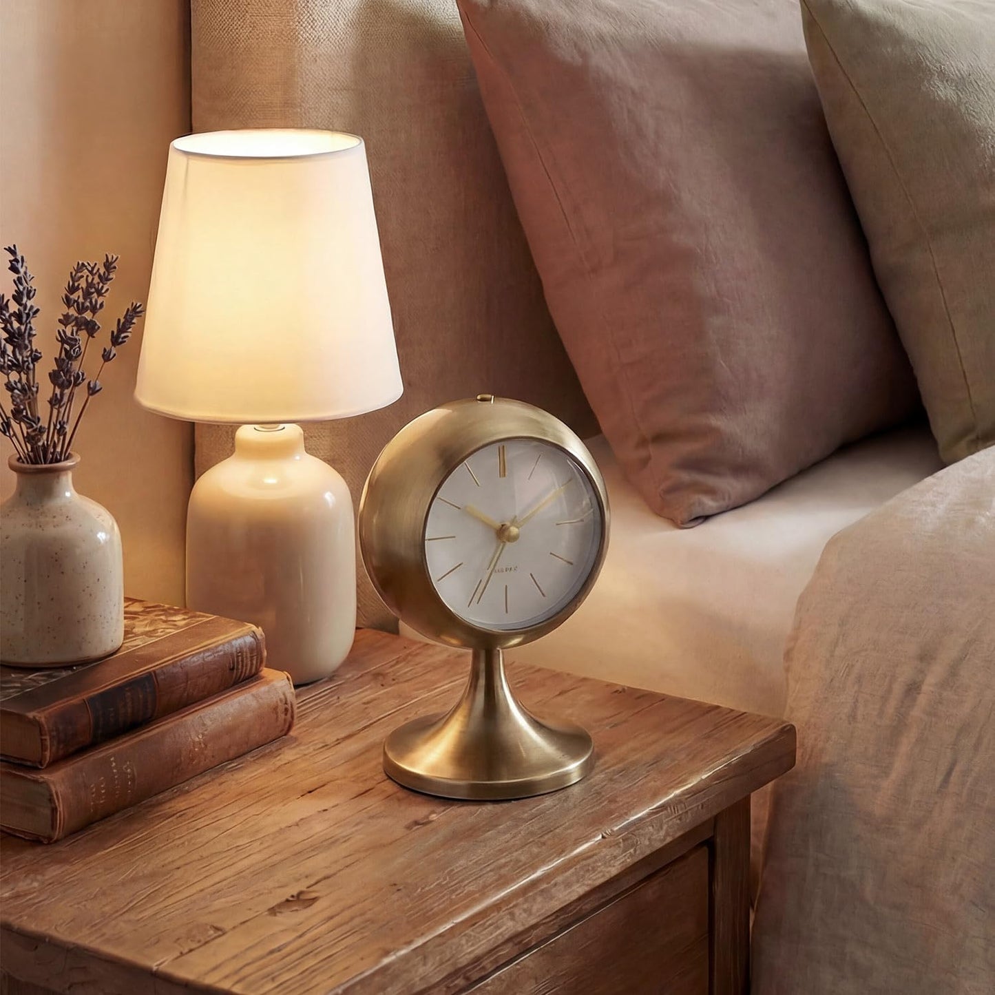 TIMESS Analog Alarm Clock, Mid-Century Modern Desk Clock, Silent Non-Ticking Quartz Table Clock with Gold Hands, Battery Operated Decorative Clock for Bedroom, Office, Living Room (Gold)