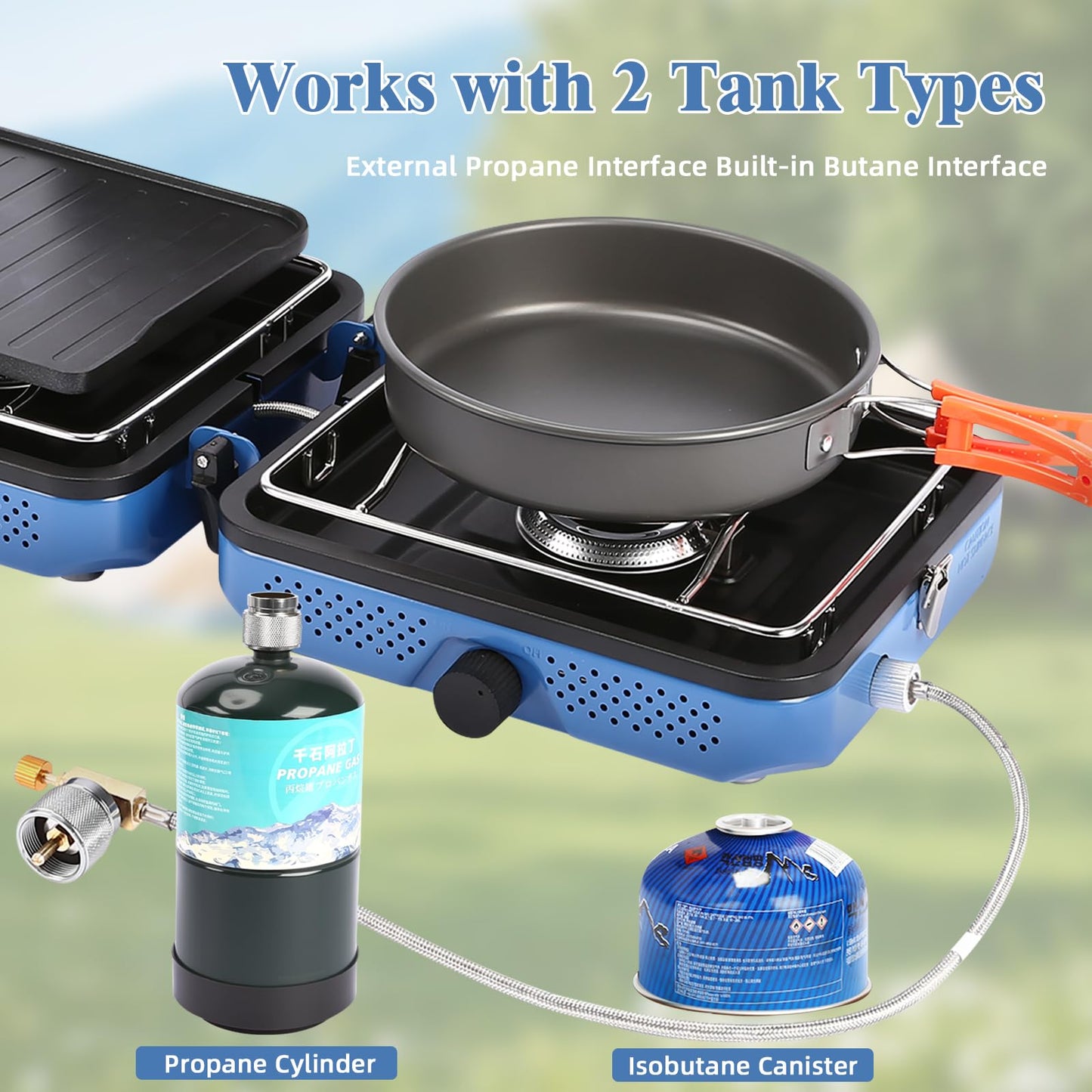 Hisencn 2 Burner Propane Camping Stove, 30000 BTU Foldable Portable Gas Stove with Cookware Set & Carry Bag, Outdoor Cooking for Camping, RV, Emergency Use, Blue