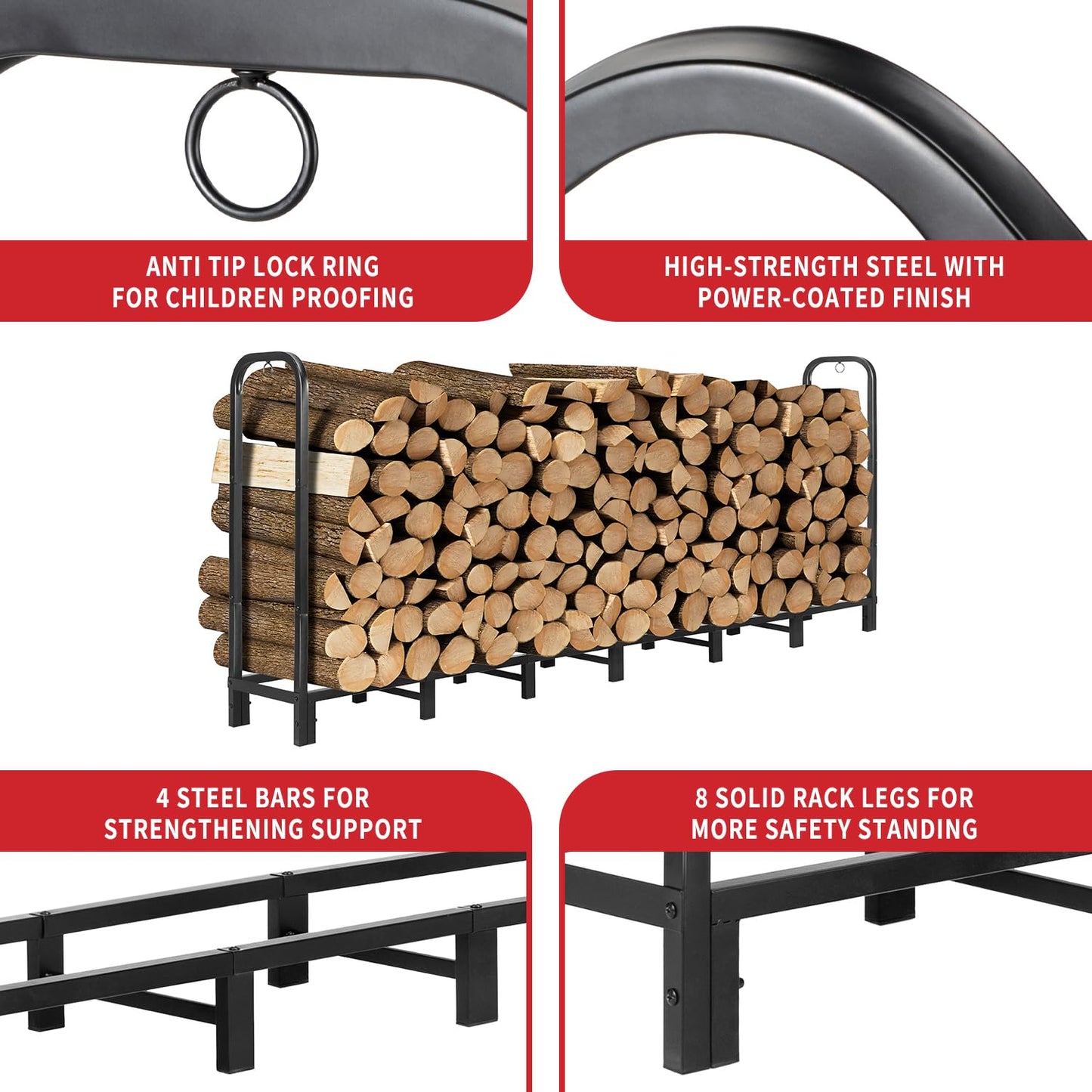 Kendane 8FT Firewood Rack Outdoor, Heavy Duty Adjustable Firewood log Storage & Holder, Wood Pile Lumber Storage Rack Stacking Outside for Courtyard Patio.