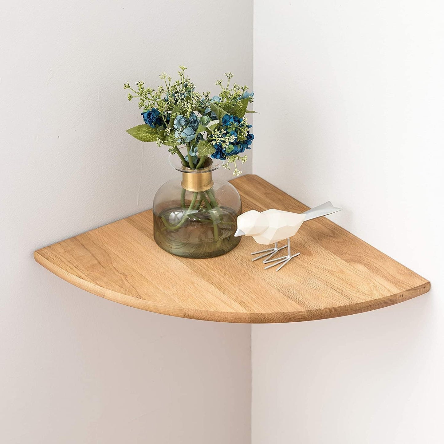 Conamily Corner Shelf, Solid Oak Wood Floating Corner Shelf Wall Mount Round End Floating Speaker with Wire Hole for Small Plant Photo for Bedroom Kitchen, Living Room