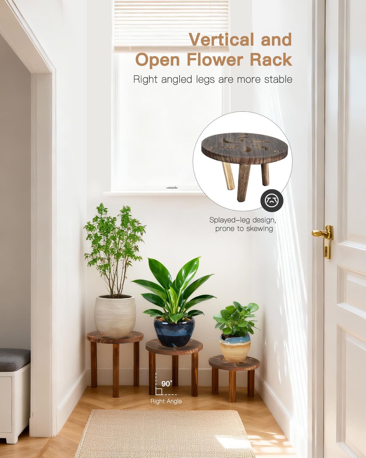 Jotboom 3-Pack Wooden Plant Stand Indoor, Mid Century Plant Stands for 6-11 Inch Pots, Modern Plant Stool for Large Plants, Heavy Duty Tall Plant Holder for Small Apartment Living Room Balcony Office