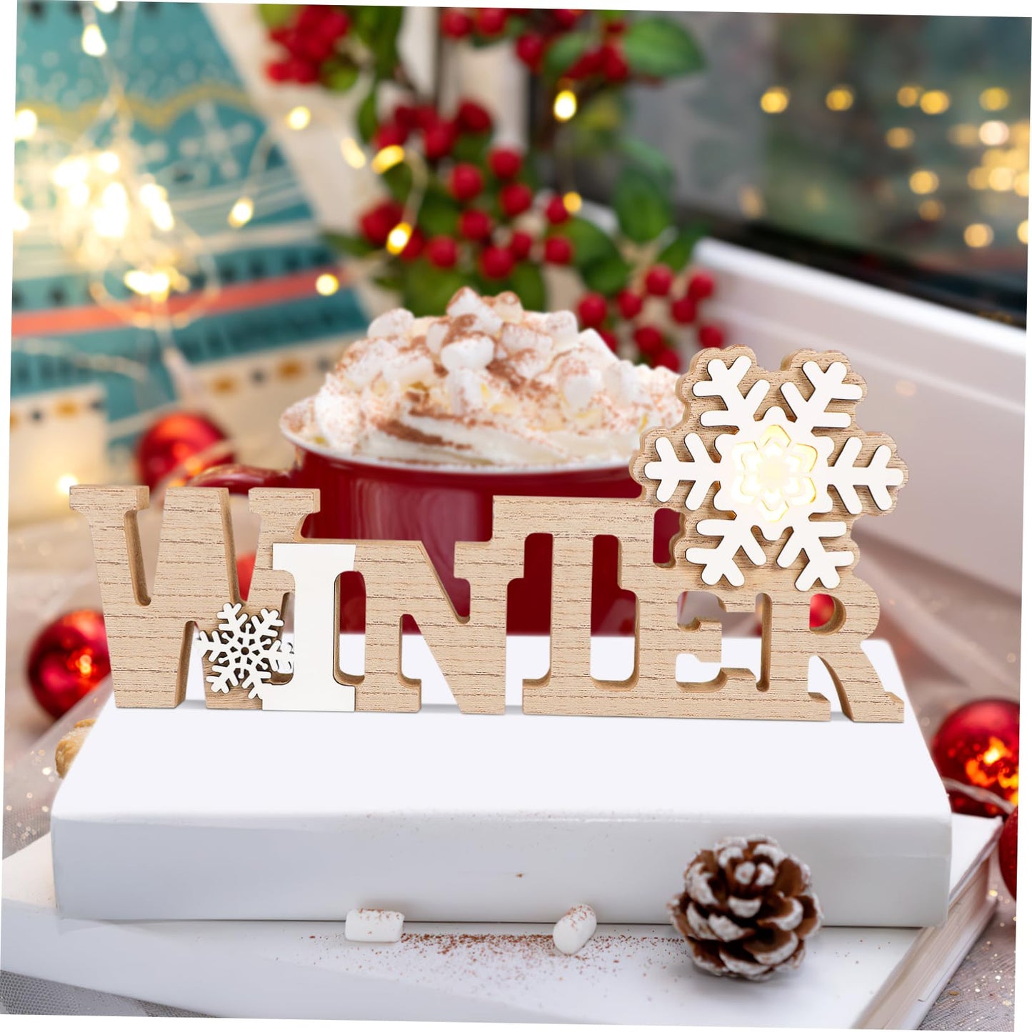 Garneck Wood Winter Sign with Snowflake LED Winter Decorations for Home Rustic Christmas Wooden Word Tabletop Centerpiece Decoration Standing Wood Plaque Sign for Xmas Home Office Shelf Mantel Party