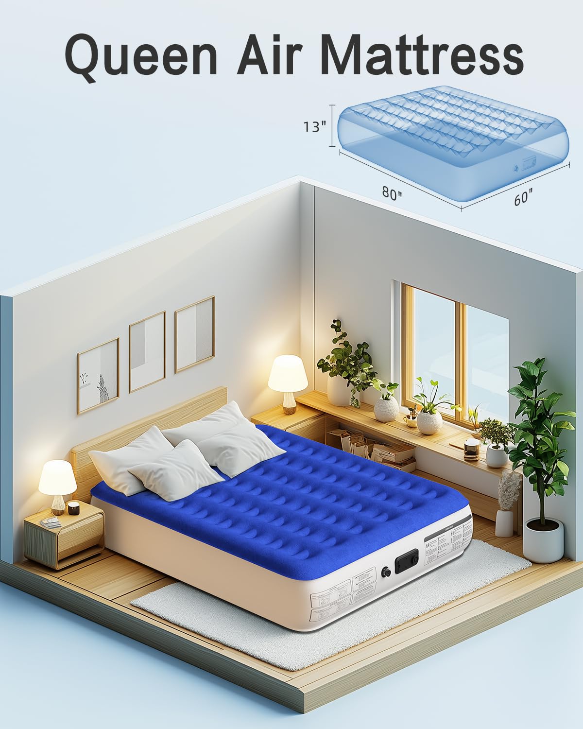 Xsleep Queen Air Mattress with Built in Pump Luxurious Comfort Raised Inflatable Mattress Queen Airbed Blow Up Mattress for Home and Guests Air Bed 2 Mins Fast Inflate/Deflate 660 lbs Max
