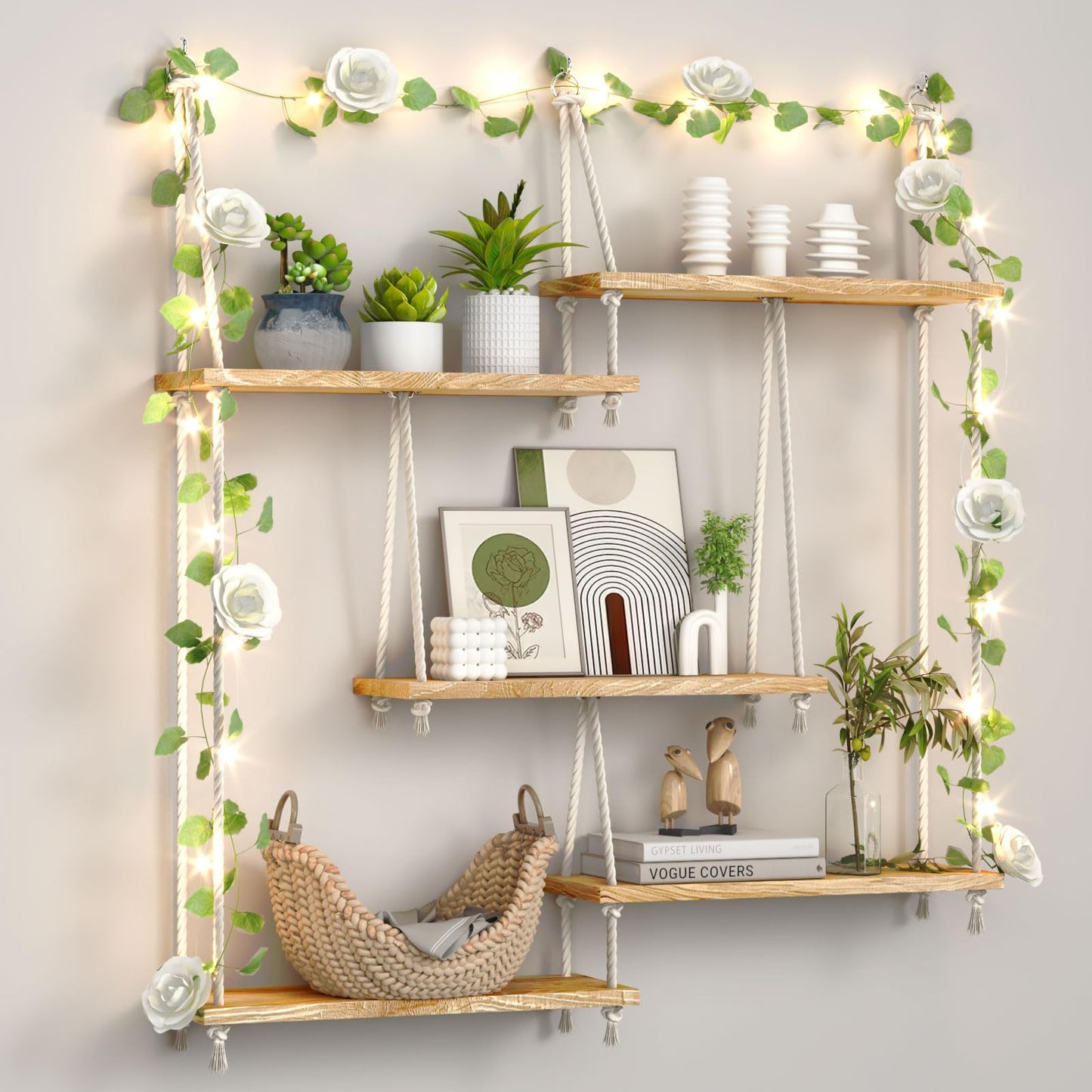 FKSLIFE Hanging Shelves for Wall,Macrame Hanging Plant Shelf with Vine Lights 5 Tier Rope Floating Shelf Wood Organizer Storage Rack Boho Wall Decor Aesthetic for Succulents Bedroom Bathroom Kitchen