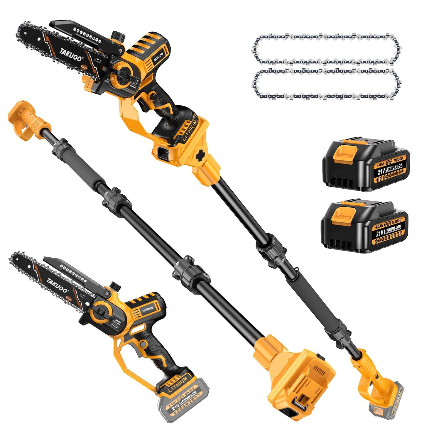 Takuoo 2-IN-1 8 Inch Electric Pole Saw, Mini Chainsaw Cordless with Extension Pole, 21V 2×4.0Ah Battery Powered Polesaw, 15FT Max Reach, Brushless Chain Saw for Limb Branch Cutter Tree Trimming