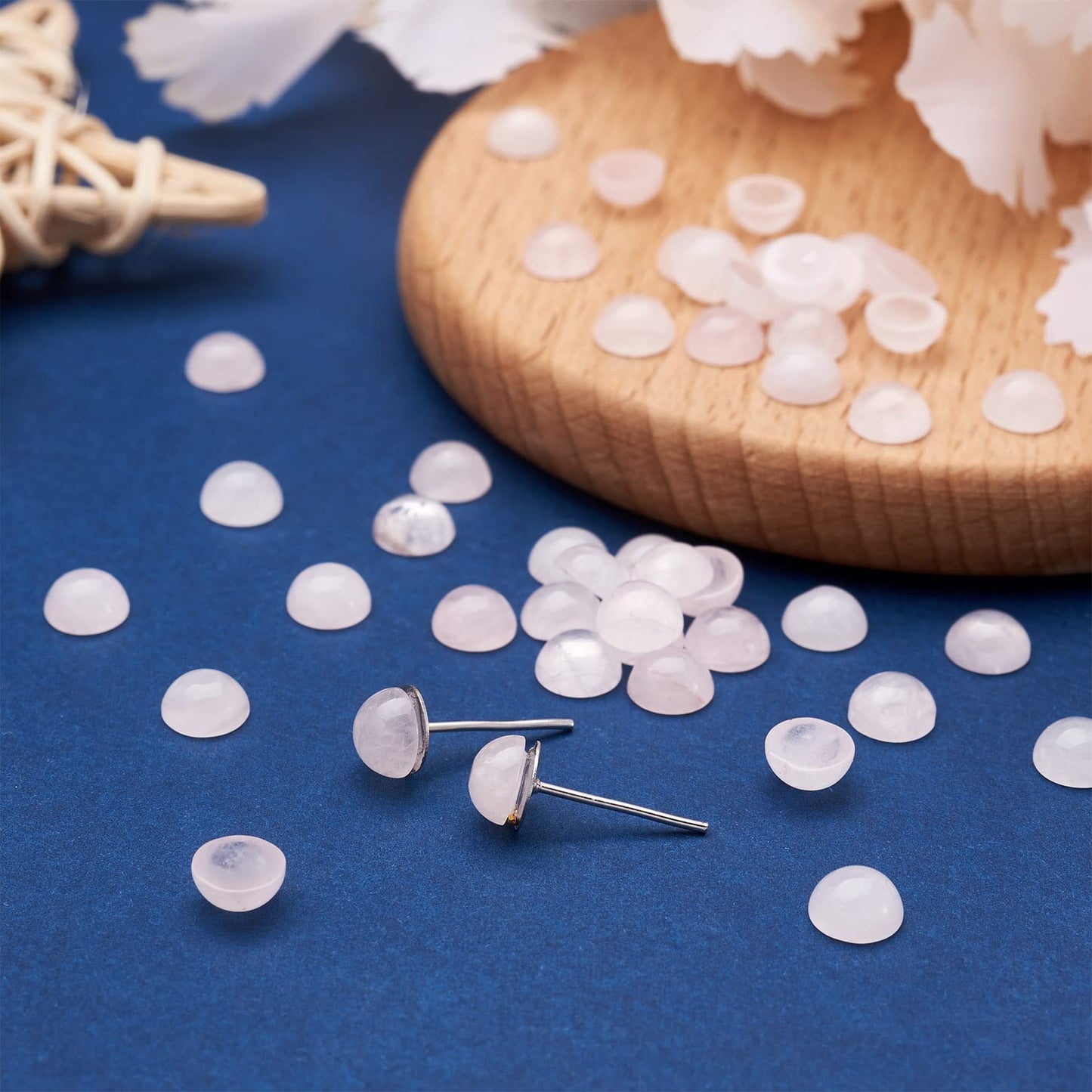 Fashewelry 50Pcs Natural Rose Quartz Cabochon Stone Half Round Beads 6mm Tiny Flat Back Gemstone Chakra Healing Crystal Cover Cabs for Jewelry Making