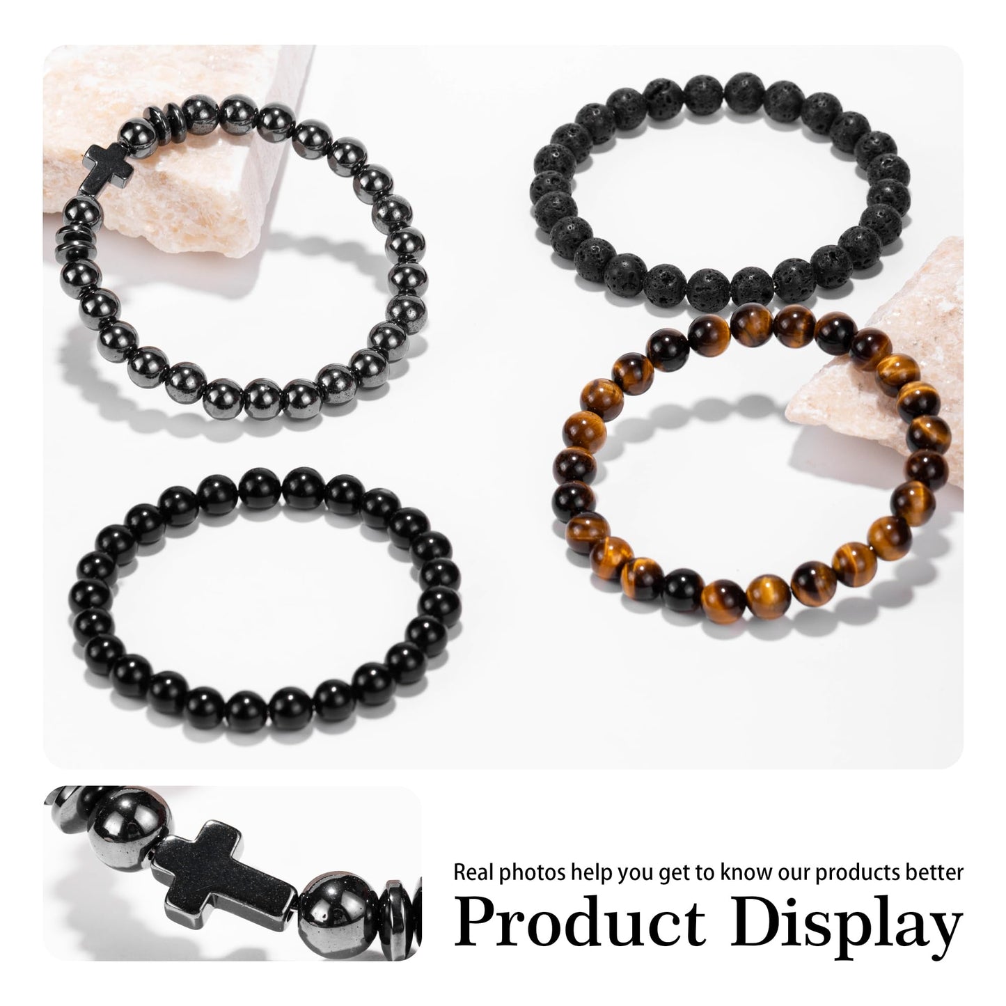 Crystery Men Beaded Bracelets, 8mm Natural Stone Bracelet, Healing Crystal, Jewelry Gifts for men, Triple Protection, Hematite, Tiger Eye, Black Obsidian Beads Bracelets, Lava Rock, Pack of 4