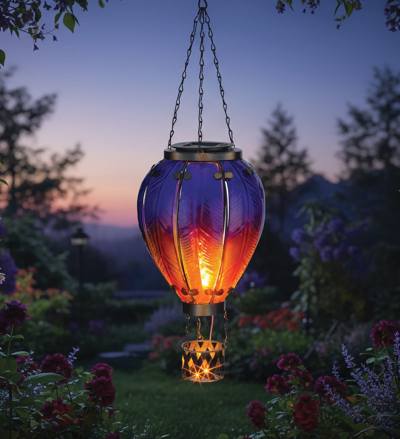Regal Art & Gift 23.5 Inch Hot Air Balloon Solar Lantern – Hanging Solar-Powered LED Lights, Waterproof Portable Decorative Outdoor Lamp Made of Metal & Glass for Garden, Patios & Pathway – Purple