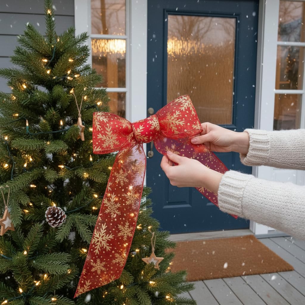 CT CRAFT LLC Organza with Red Glitter Snowflakes Wired Ribbon 2.5 inch x 50 Yards for Christmas Home Decor Tree Topper Bow Gift Wrapping DIY Crafts Wreath Garland Wedding