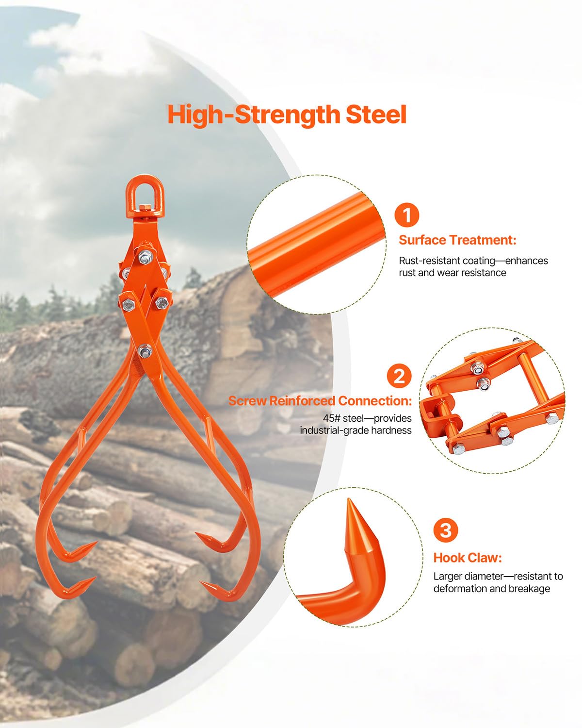 VEVOR Timber Claw Hook, 28 inch 4 Claw Log Grapple Logging Tongs, Swivel Steel Log Lifting Tongs 31" Max Opening, Eagle Claws with 2205LBS/1000kg Loading Capacity for Tractors, ATVs, Trucks, Forklifts