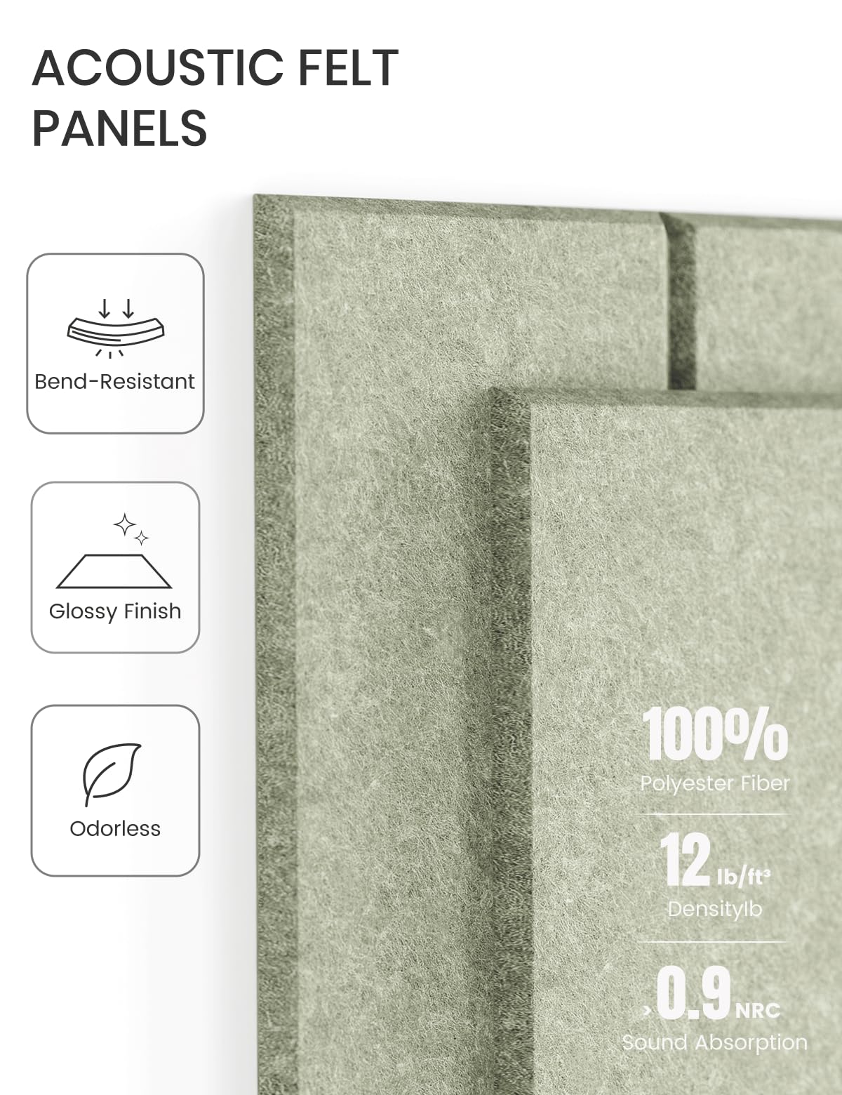 Fluxynara Felt Bulletin Board Tiles Large 48" x 36" Cork Board Alternative-12 Pack with 70 Adhesive Tabs, Thick Slat Wall Panels for Office Decor, Push Pin Board Wall Organizer Alternative-Sage Green