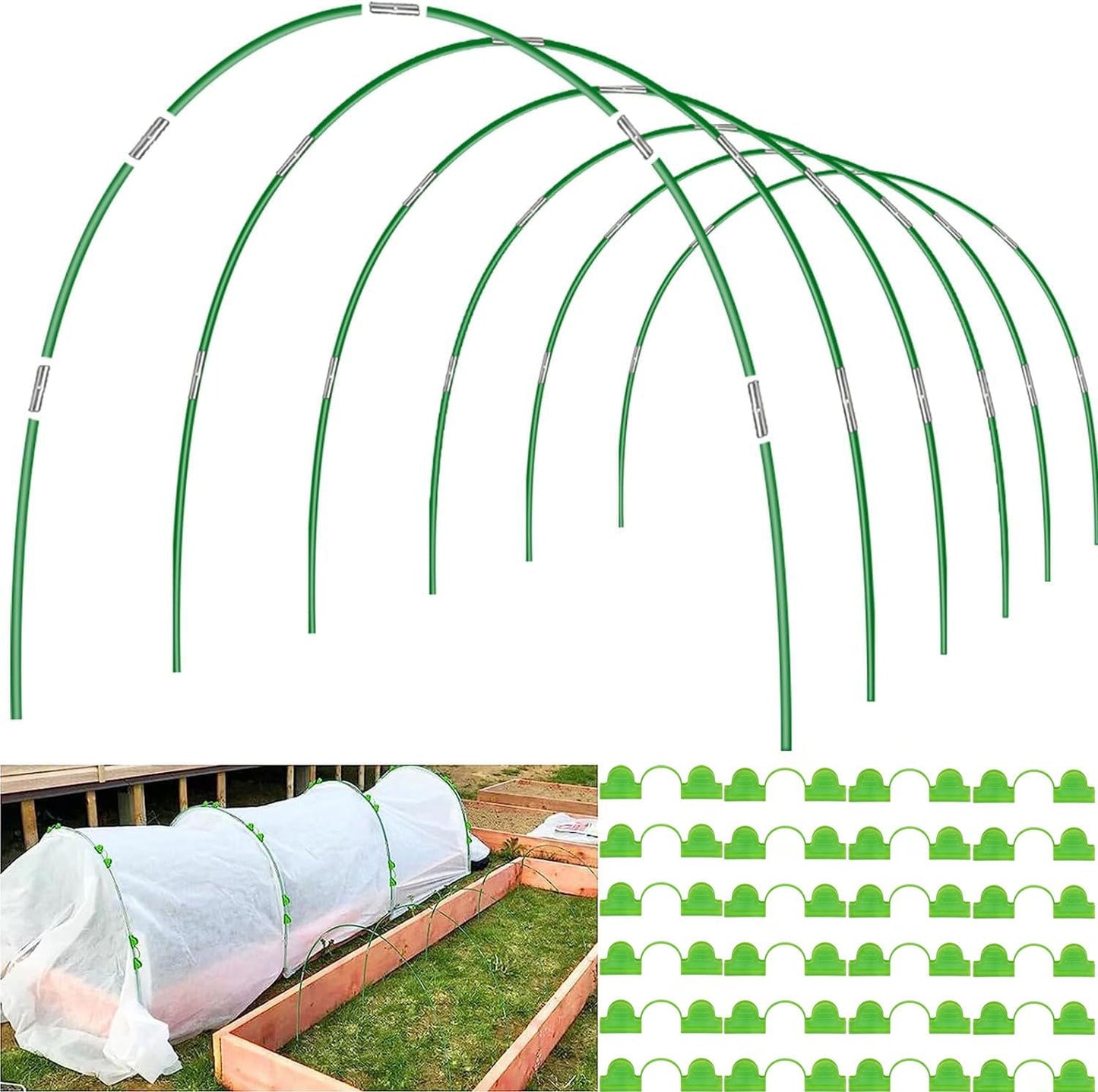 Garden Hoops for Raised Beds Row Cover, 36pcs 8ft Greenhouse Garden Grow Tunnel Netting Hoops, Greenhouse Support Hoops Garden Bed Hoops, Flexible Fiberglass DIY Hoops for Outdoor Plant, 24pcs Clips
