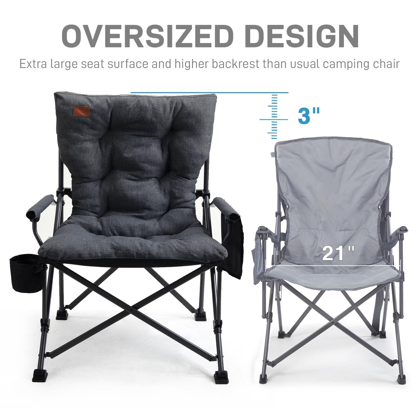 EVER ADVANCED Padded Oversized Folding Camping Chair for Adults, Heavy Duty Lawn Chair with Side Pockets, Portable Collapsible Quad Chair for Outside, Support Up to 500lbs, Black