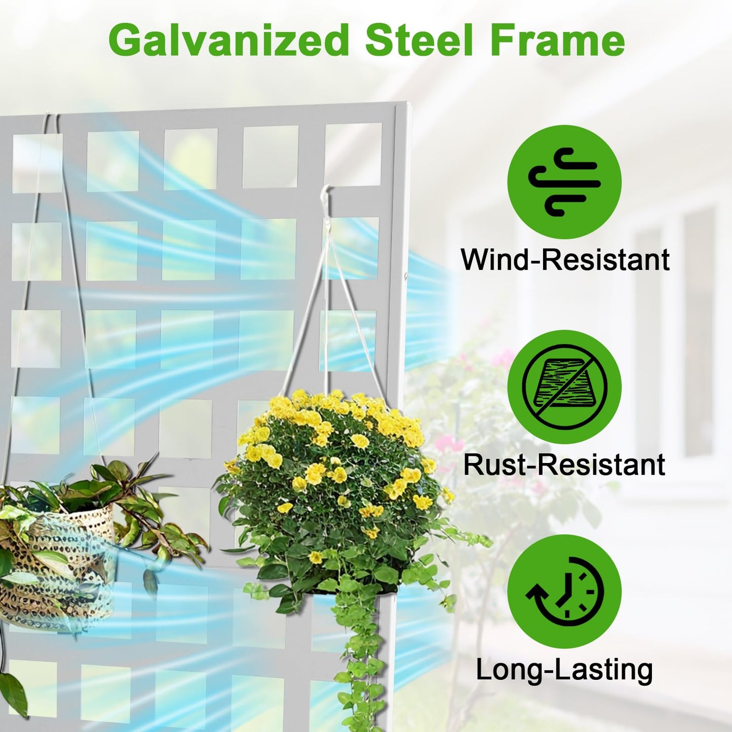 Metal Planter Box with Trellis Privacy Screen, Raised Garden Bed with Trellis & Wheels, Privacy Planters for Patio, Planter Box with Drainage Holes for Climbing Plants, Flower, 73"x 47"x 12", White
