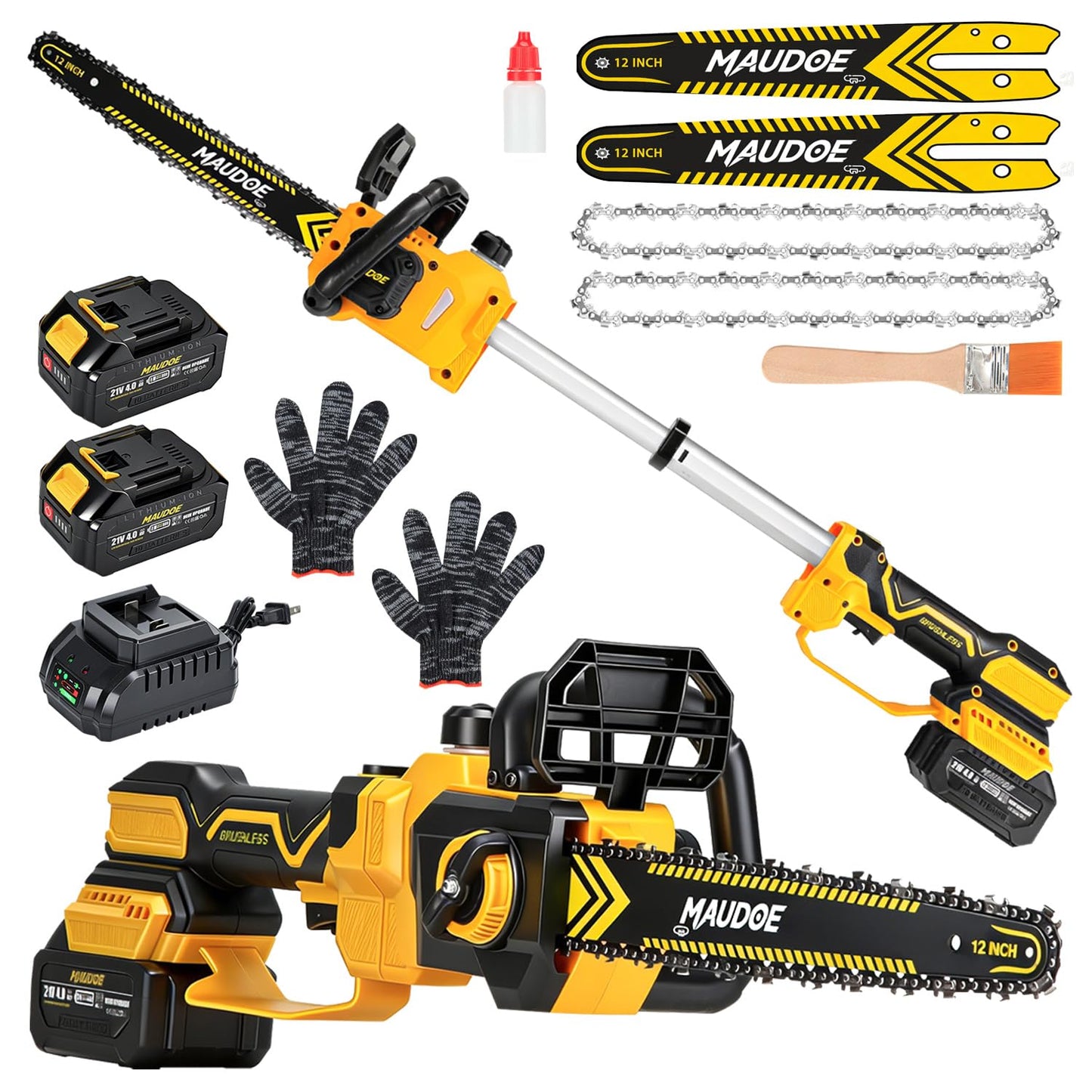 MAUDOE 12" Telescoping Codless Chainsaw, 2-in-1 Cordles Pole Saw with 2 x 4.0Ah Batteries, 21V Brushless ChainSaw with 2 Chains & 2 Guide Plates, Tool-Free Tension, for Tree Trimming & Branch Cutting