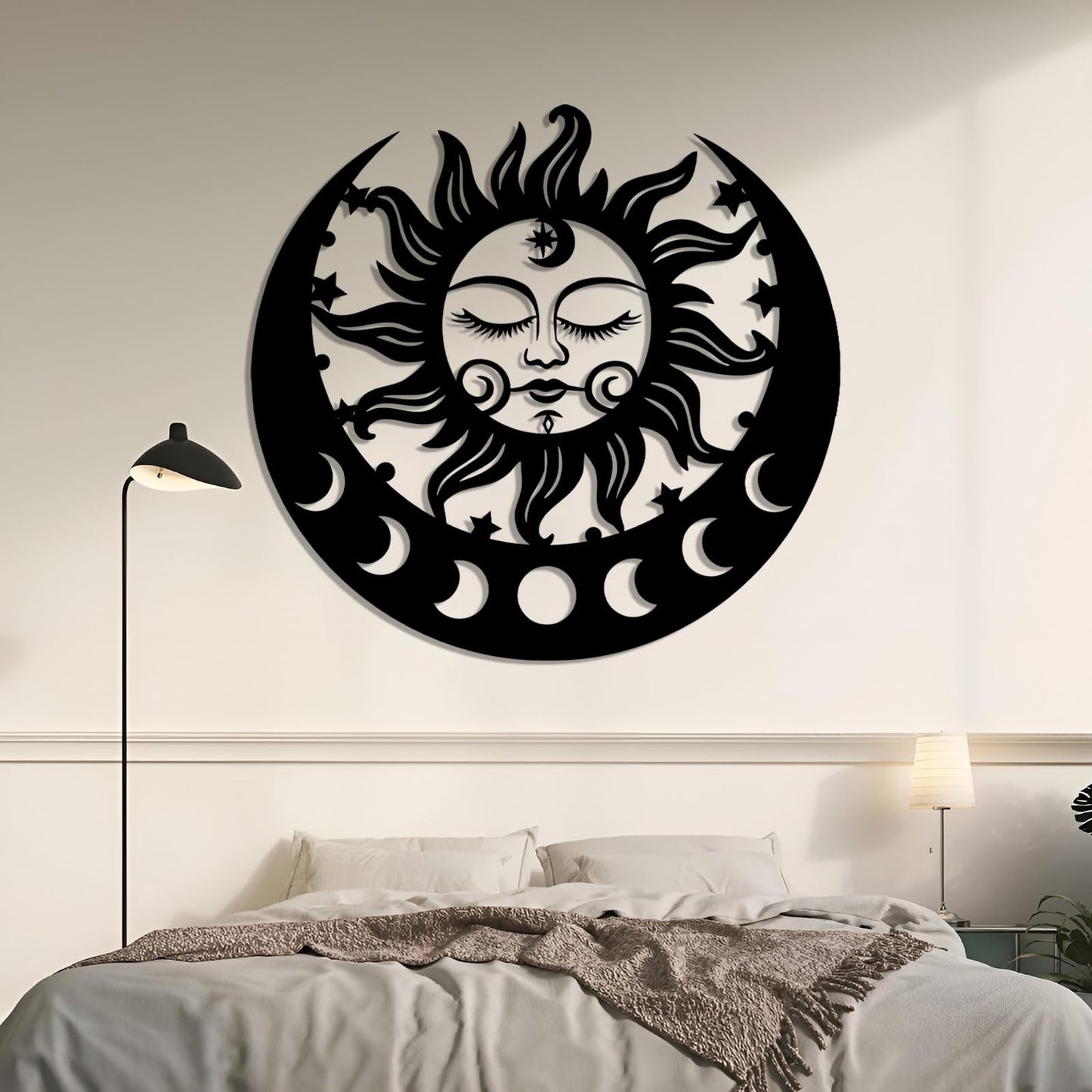Sun and Moon Metal Wall Decor, Moon Phase Metal Wall Decor, Boho Celestial Wall Art, Celestial Sun Moon Wall Art, Large Sun Face Wall Hanging for Living Room, Outdoor (Black, 38"x35"/96x90cm)