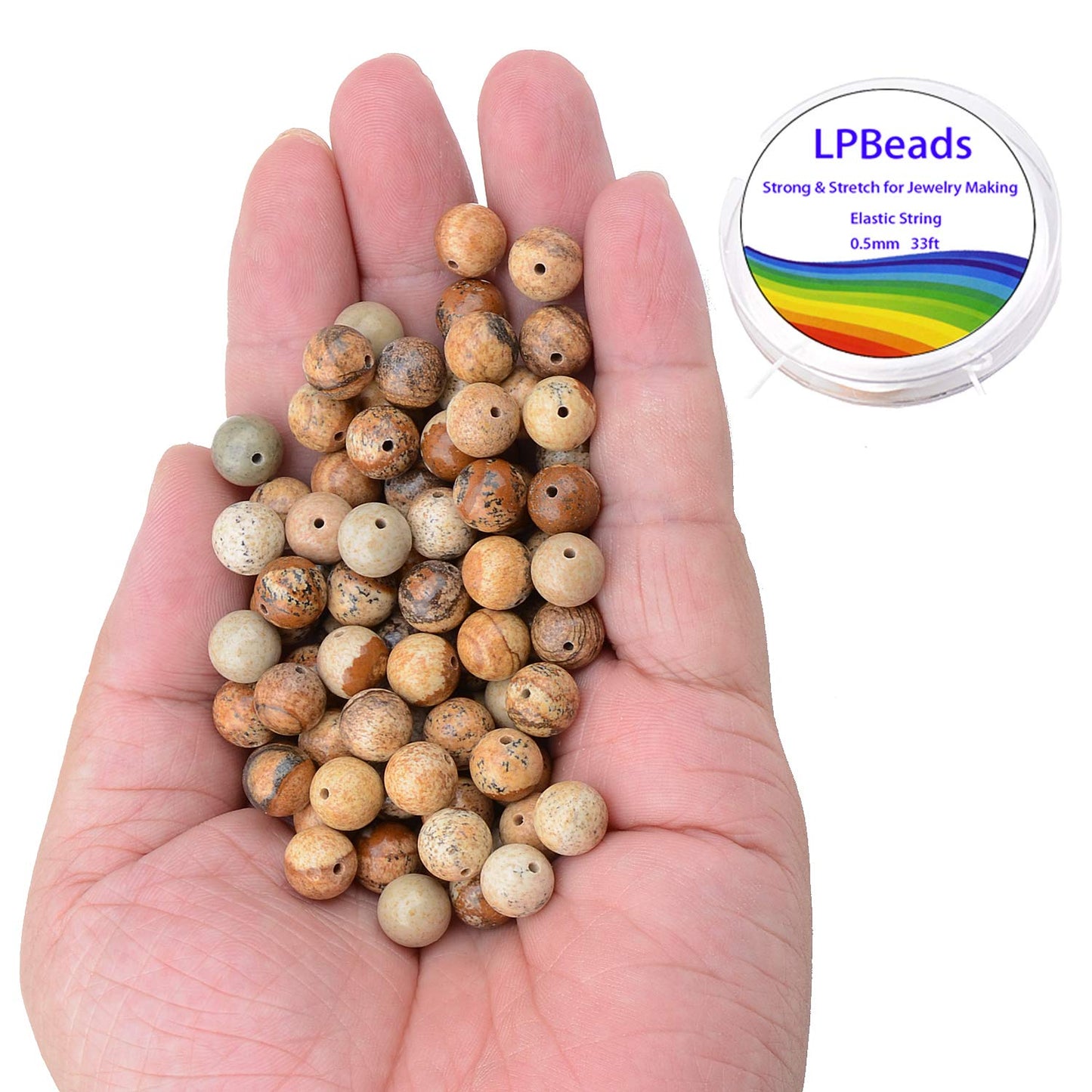 LPBeads 100PCS 8mm Natural Picture Jasper Gemstone Round Loose Beads for Jewelry Making with Crystal Stretch Cord