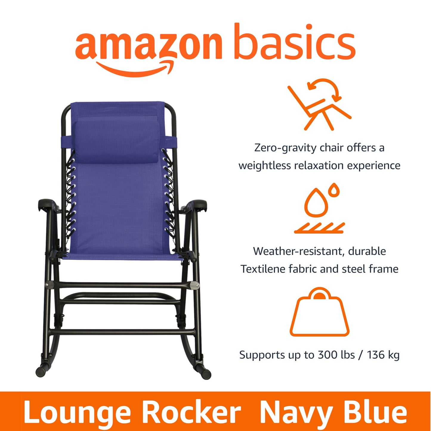 Amazon Basics Outdoor Portable Folding Rocking Chair with Headrest, Ergonomic Design, Weather-resistant Textilene Fabric for Porch, Blue