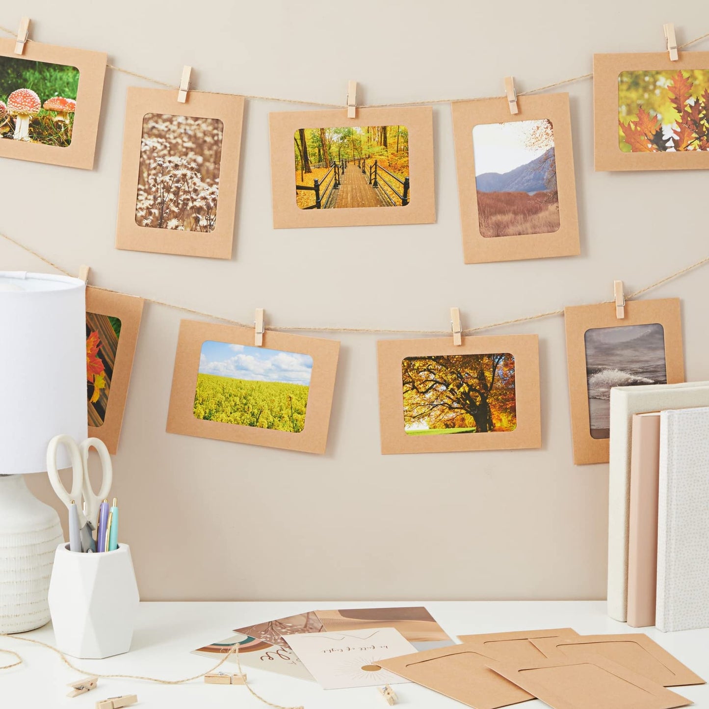 Juvale Paper Photo Frames Hanging Kit - 4x6, Brown, 50 Pack, Rustic Eclectic - Bulk Picture Frames & Photo String with Clips