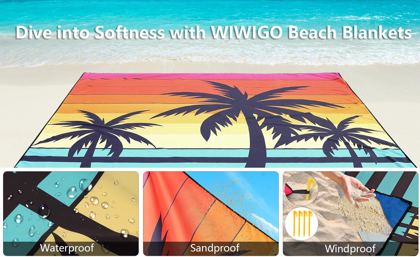 WIWIGO Beach Blanket Waterproof Sandproof Beach Mat 79" X 83"/10'x9'for 2-8 Adults Quick Drying Outdoor Picnic Mat Beach Accessories for Travel, Camping, Hiking
