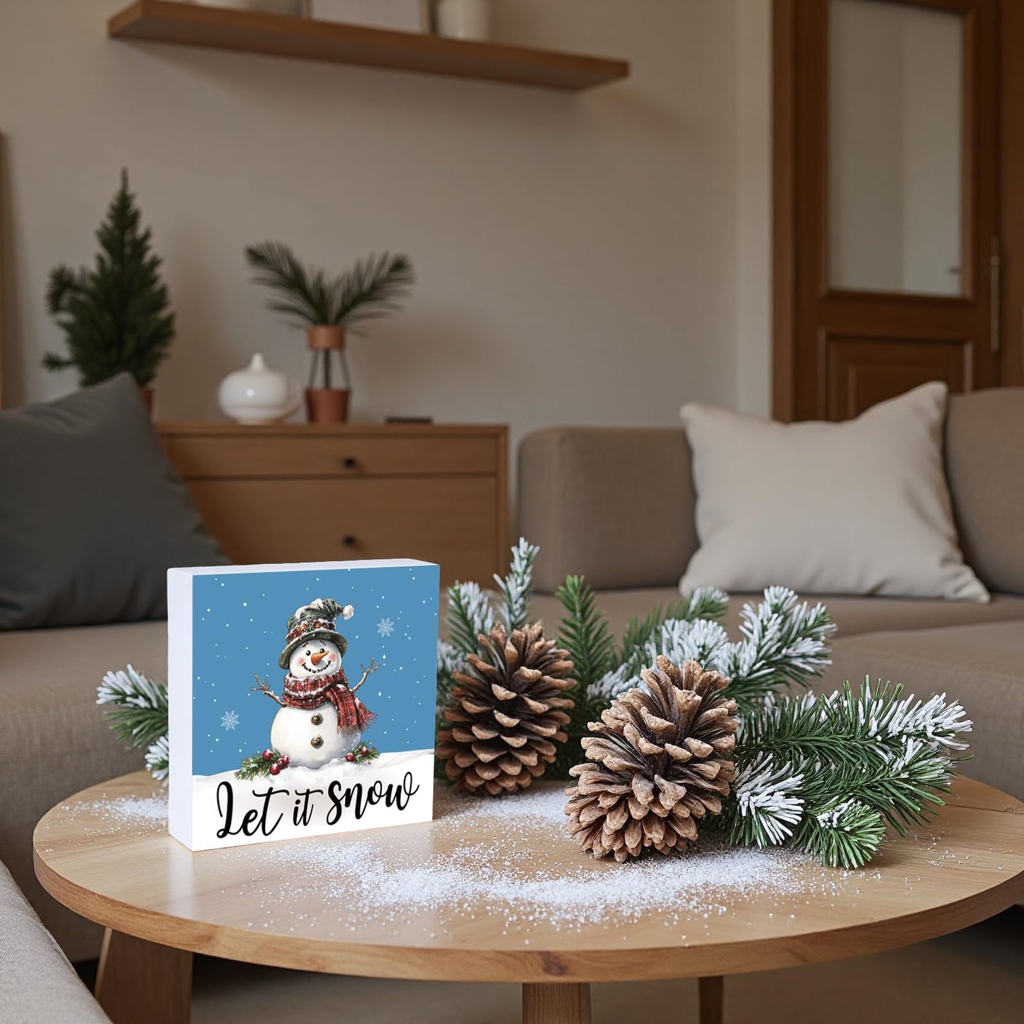 Winter Decorations Indoor Winter Decor Home Room Let It Snow Snowman Office Bathroom Table Wood Box Sign Rustic Wooden Shelf Desk Decor Season Sign House Warming Gifts 5.9 x 5.9 Inch