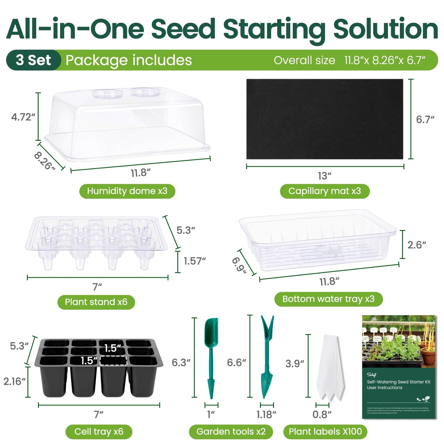 SOLIGT Self Watering Seed Starter Trays with Humidity Domes, Extra Thick Plastic Seed Starter kit for Seed Starting, Plant Germination & Seedling Growing, 3 Pack 72 Cells