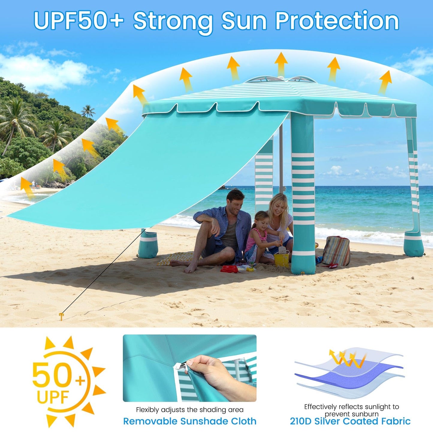 MoKo Beach Cabana,120 Sq. Ft. Large Beach Canopy Tent Sun Shade, UPF 50+ Protection Easy Setup Beach Tent, Adjustable Height Wind Resistant Cabana Sun Shelter for Whole Family, Light Green Stripes