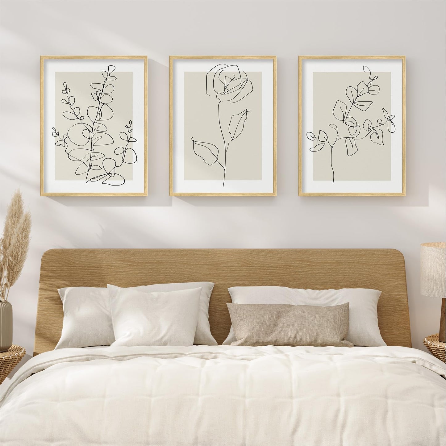 Framed Floral Art Bedroom Wall Art, 3 Piece Neutral Botanical Line Artwork for Walls, Minimalist Flower Leaf Picture Prints, Beige Botanical Painting for Living Room Kitchen Hallway Office, 12x16 Inch