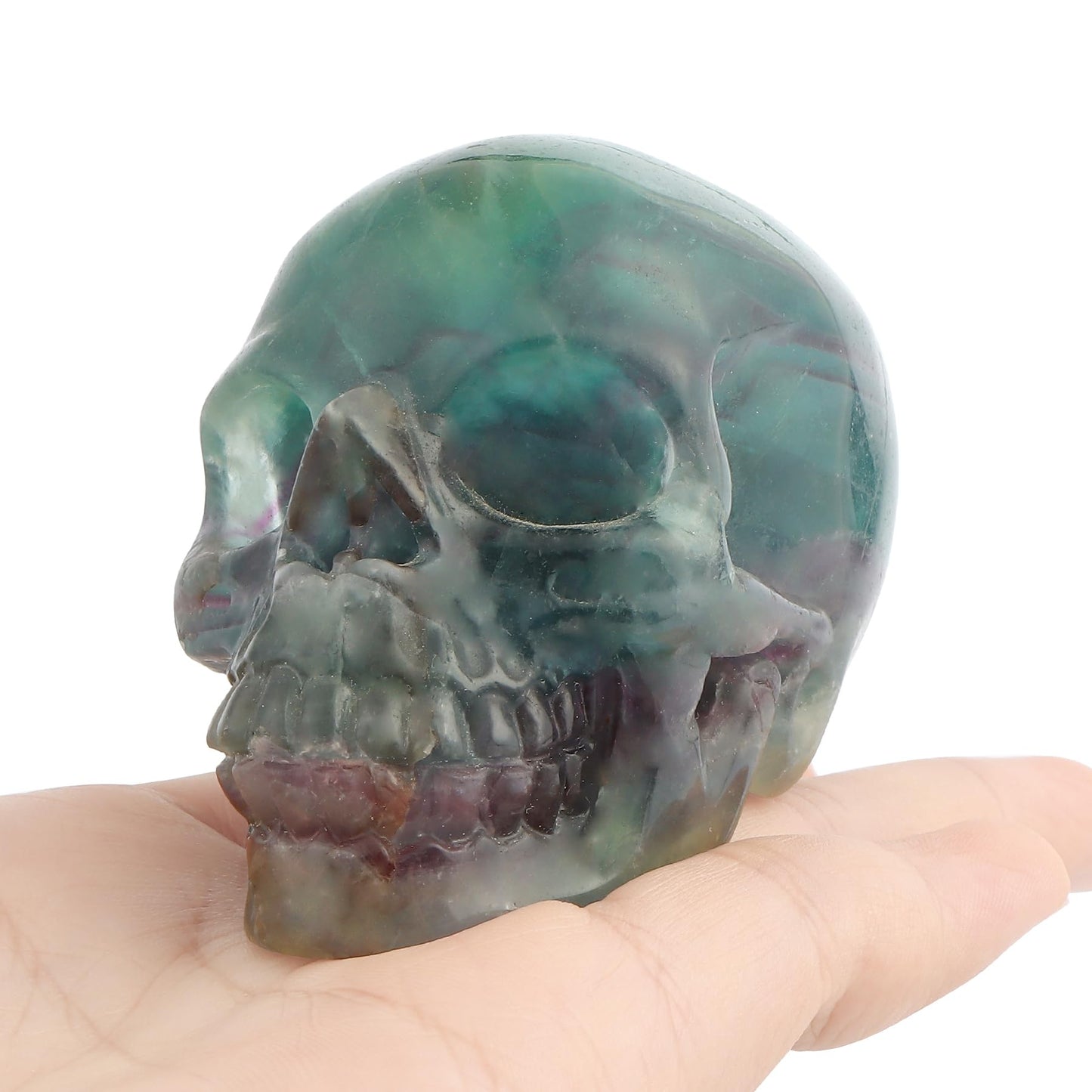 LEADGEM Crystal Skull Head Statue Hand Carved 3.0" Rainbow Fluorite Polished Gemstone Skull Stone Figurine Crafts Ornament for Home Office Halloween Decor