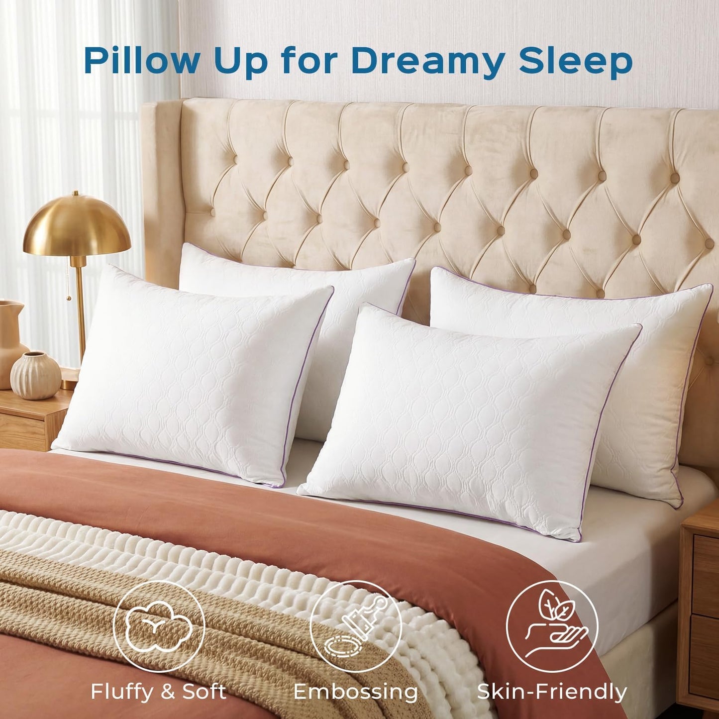 JOLLYVOGUE Pillows Queen Size Set of 4, Bed Pillow for Side, Back, and Stomach Sleepers, Down Alternative Filled Pillows, Luxury Hotel Quality and Machine Washable, 28" x 20", 4 Pack