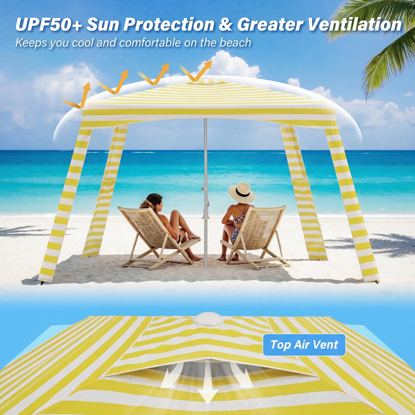 Beach Cabana-6.6x6.6’Beach Canopy with Side Wall,Portable Umbrella Tent with Sand Pockets for Family & Friends,Easy Up Beach Sun Shelter for Outdoor Patios,Backyards,and Camping,Yellow Stripes