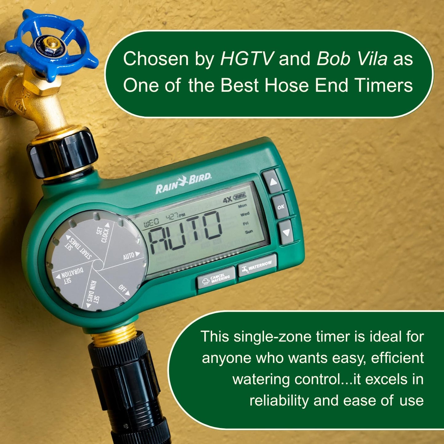 Rain Bird 1ZEHTMRP Premium Professional Grade Electronic Digital Hose End Timer/Controller, One Zone/Station, Battery Operated, Digital with Brass Inlet/Outlet