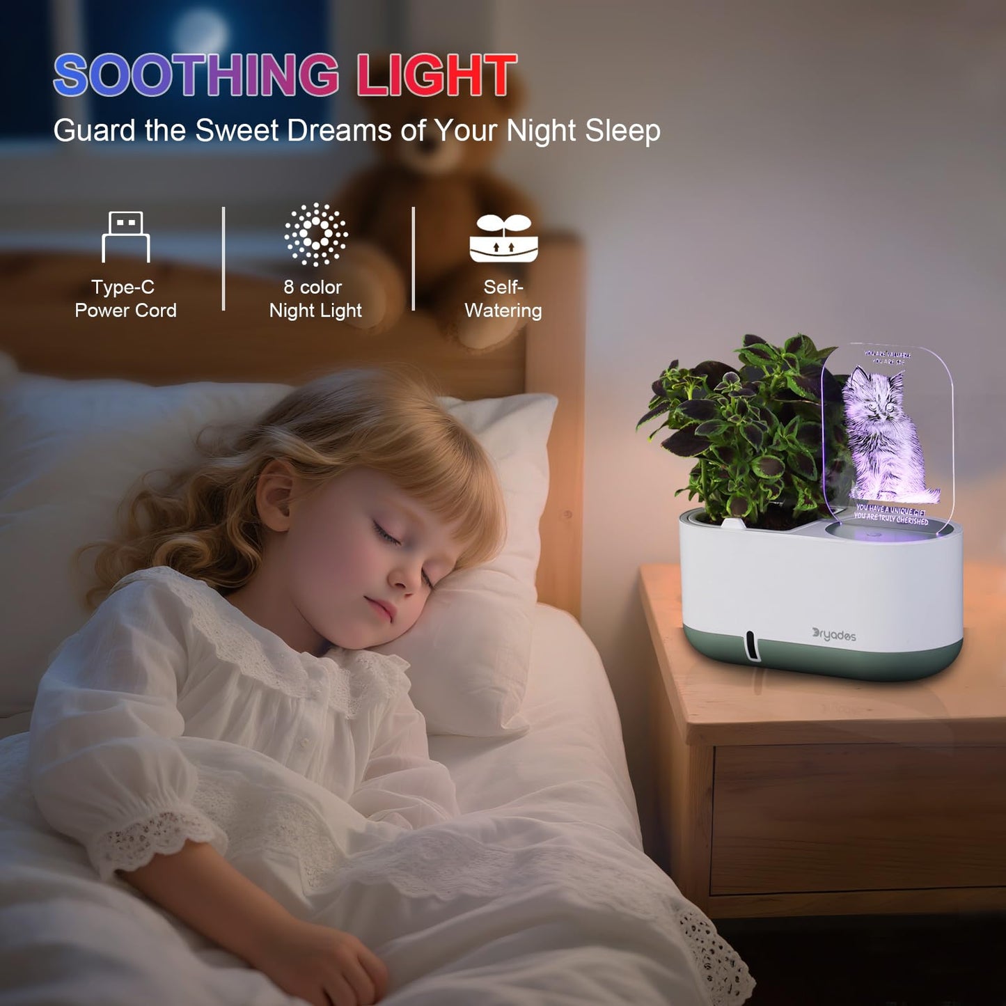 Self-Watering Plant Pot with LED Note Board & 7 Colors Pen Acrylic Message Board with Light Acrylic Dry Erase Board, Led Cat Board Night Light with Planting Pot for Christmas(No Plant&Seed)