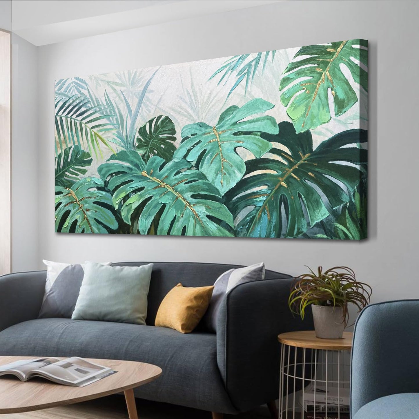 Enartly Tropical Green Leaf Canvas Wall Art Monstera Palm Leaf Painting Jungle Plant Botanical Picture Nature Artwork Print Framed for Living Room Bedroom Bathroom Office Home Decor, Large 40"x20"