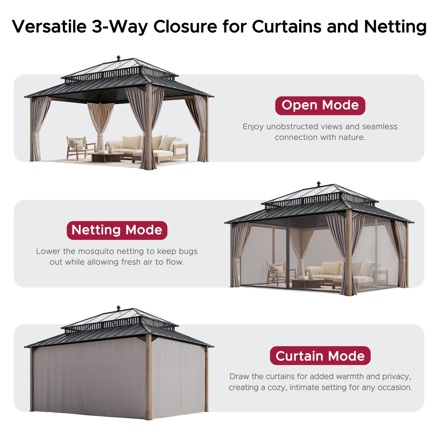 SUNJOY Kingston 16' x 12' Hardtop Wood Gazebo with Galvanized Steel/Polycarbonate Double Roof, Curtain and Netting, Cedar Posts Permanent Pavilion Gazebo for Garden, Patio, Deck, Lawn