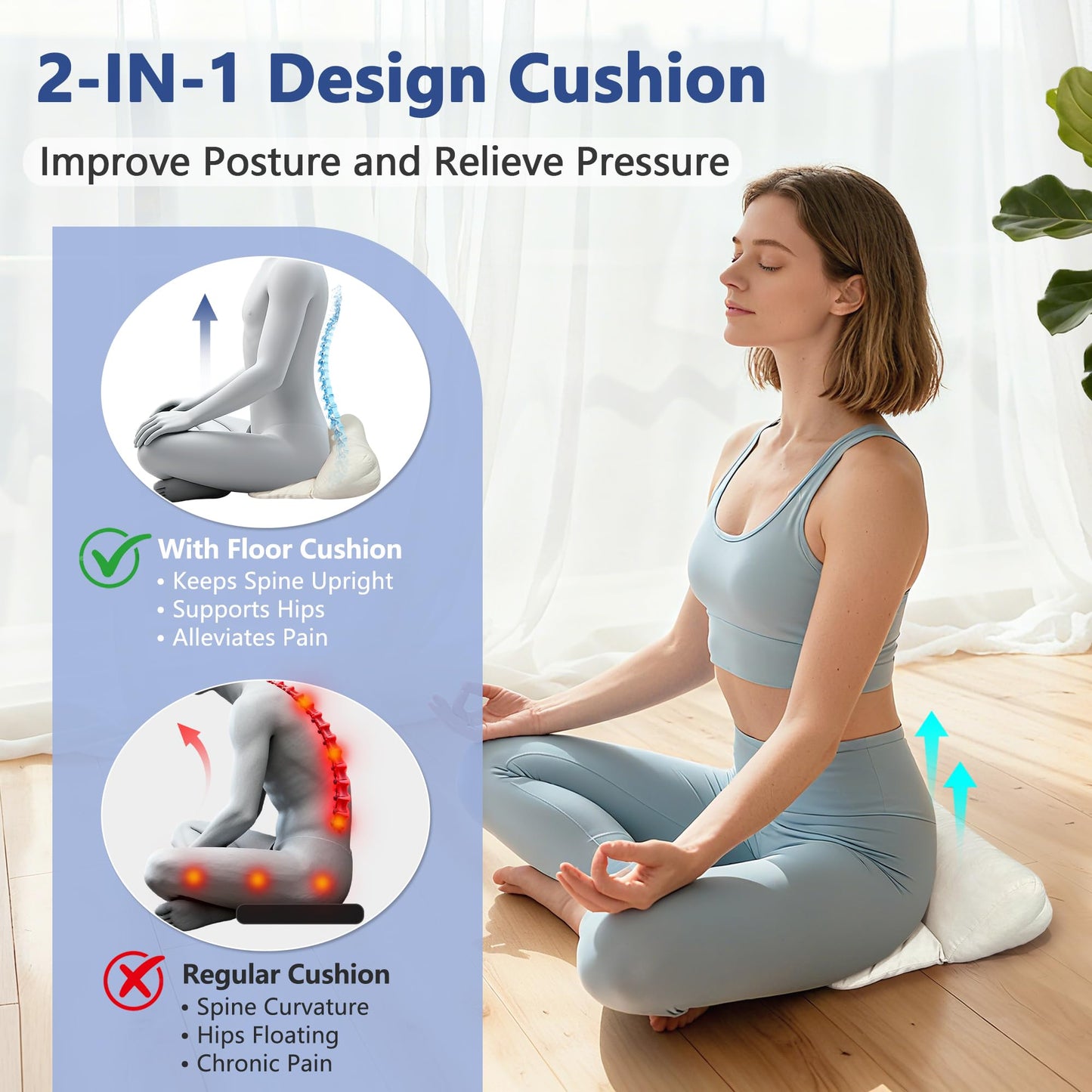 Meditation Cushion for Sitting on Floor, Organic Yoga Bolster Pillows White Meditation Seat Pad, 2-IN-1 Design Ergonomic Sleep Yoga Mat Foldable, Floor Cushion for Adults Back Support Washable