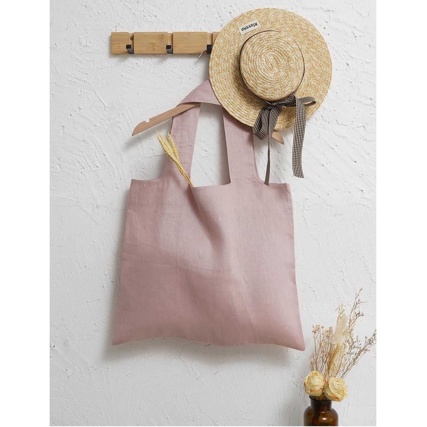HSOFTIFY 100% Pure Linen Reusable Shopping Bags for Shoulder Grocerie Bags Heavy Duty with Handles (Pink)