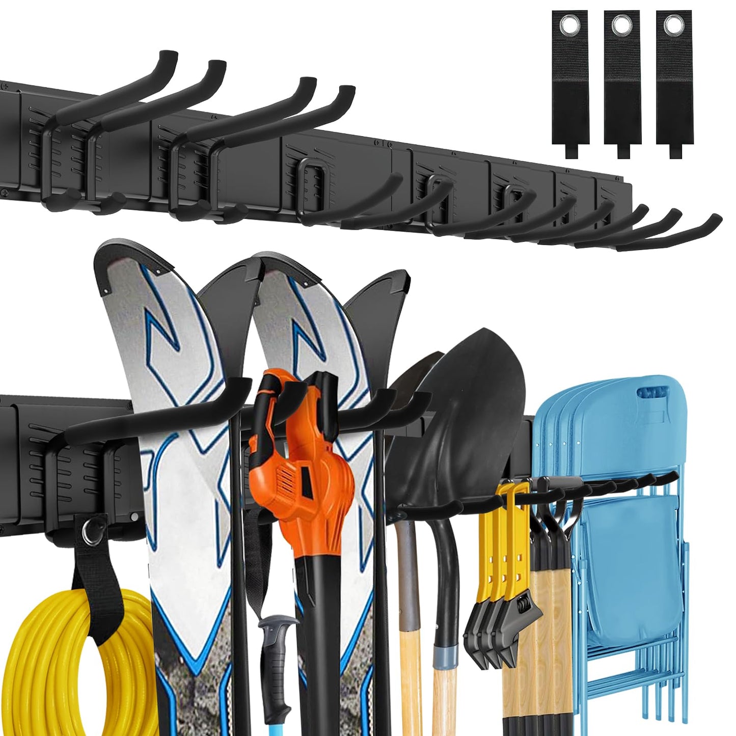 Garage Tool Organizer Wall Mount, 48 Inches Garden Garage Storage Organizer with Adjustable Hooks, Metal Garage Storage Rack Max Loading 440lbs, Tool Holder for Hanging Rake Broom Mop Snowboard