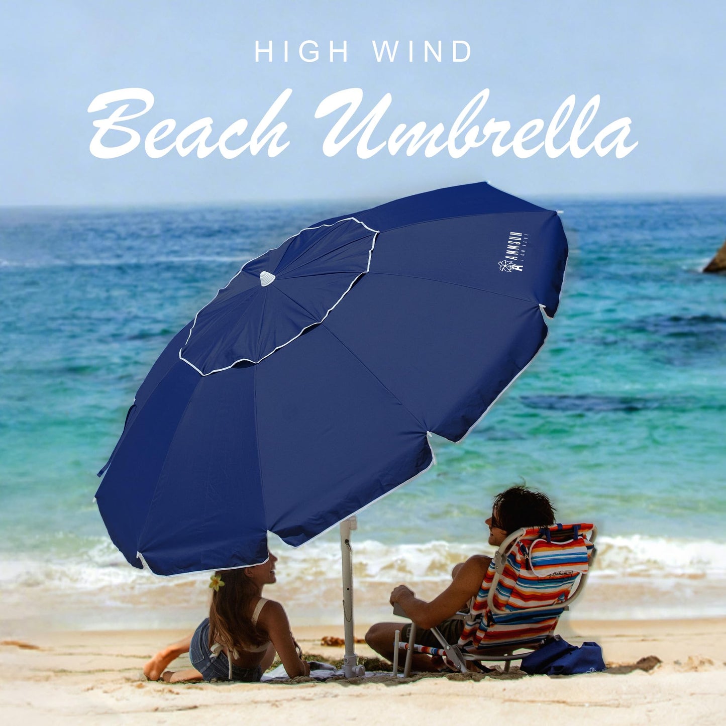 AMMSUN 8 FT Large Beach Umbrellas for sand with Sand Anchor Heavy Duty High Wind Portable Outdoor Umbrellas UPF 50+ Protection Air Vent Tilt for Bech Patio Garden (Navy)
