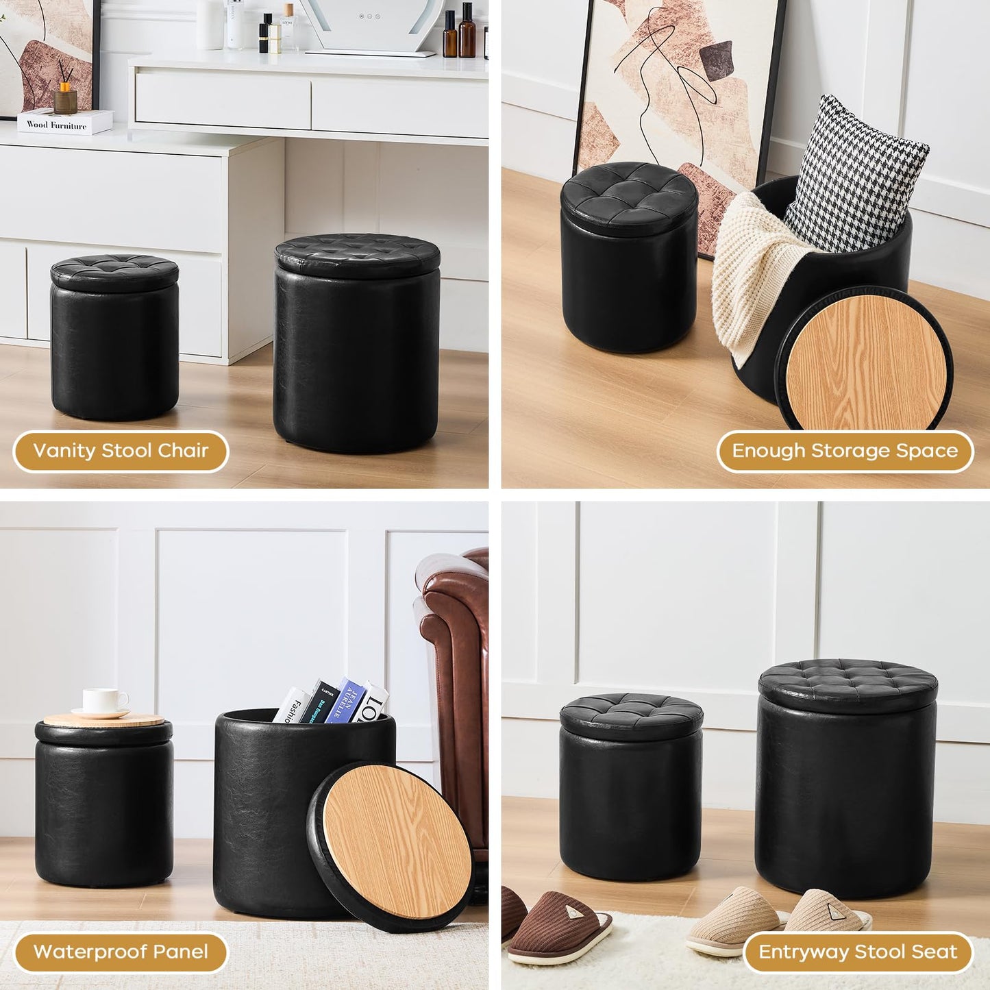 oakvivo Round Ottoman with Storage Set of 2, 12.6" W x 14.17" H & 14.76" W x 17.32" H Faux Footstool Storage Ottomans for Bedroom, Living Room Padded Coffee Table Ottomen, Black