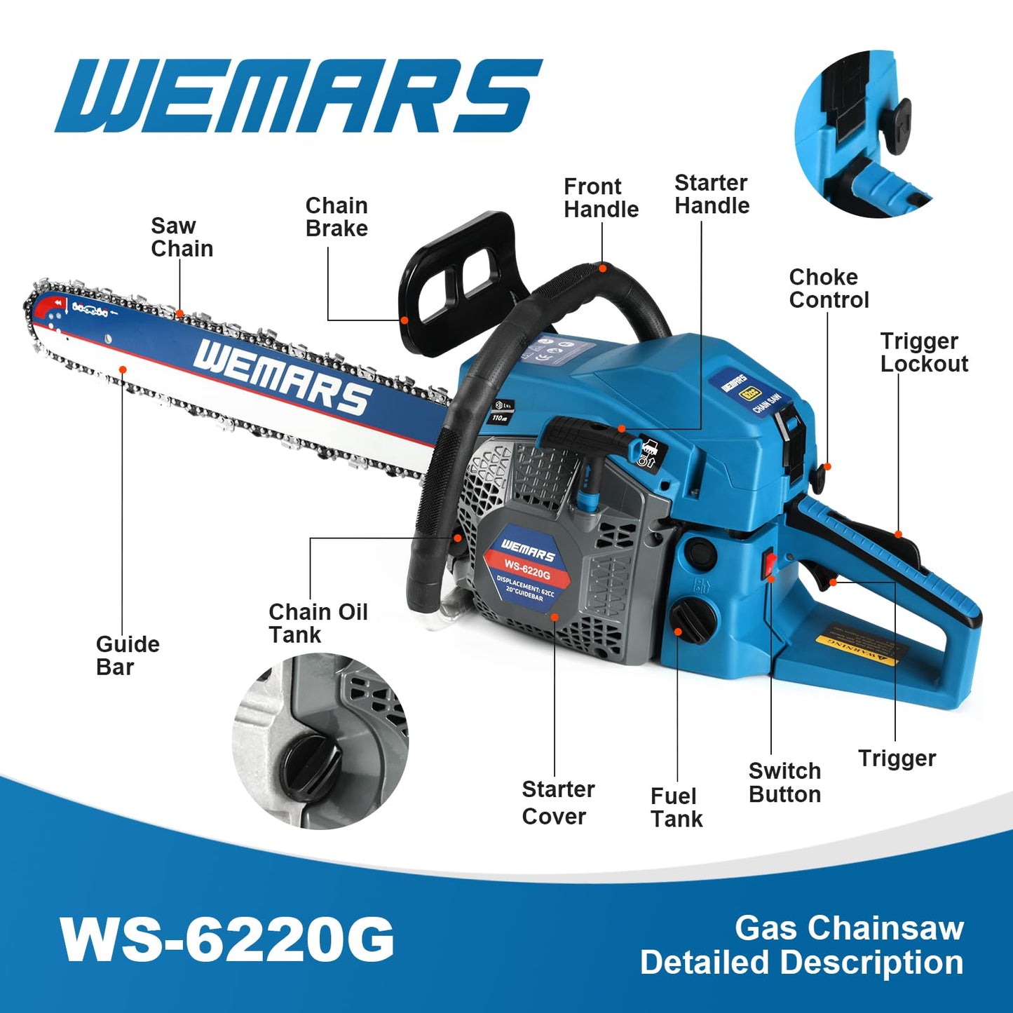 2-cycle 62CC Chainsaw Saw Gas Powered 20" Chain Saws Cordless Petrol Saw Handheld Chainsaw for Cutting Wood Trees Branches(6220C)