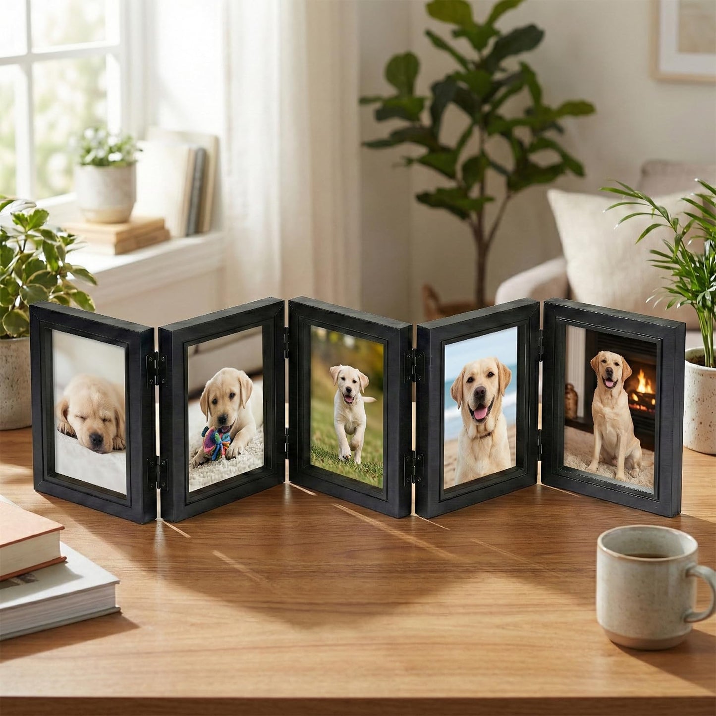 5 Folding Hinged Picture Frame 3.5 x 5 Inches High Definition Natural Wood Collage Mounts Rustic Wood Desk Family Photo Collage Stand Vertical on Tabletop Foldable Photo Frame for Family Birthday